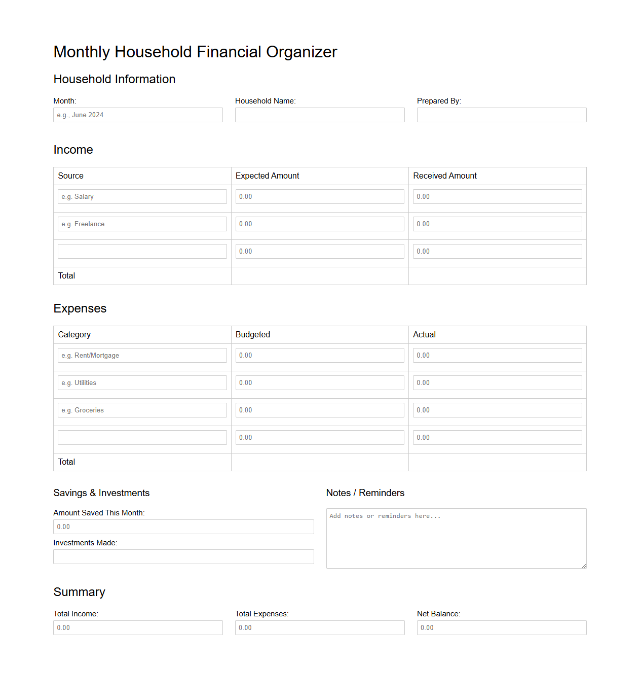 Monthly Household Financial Organizer