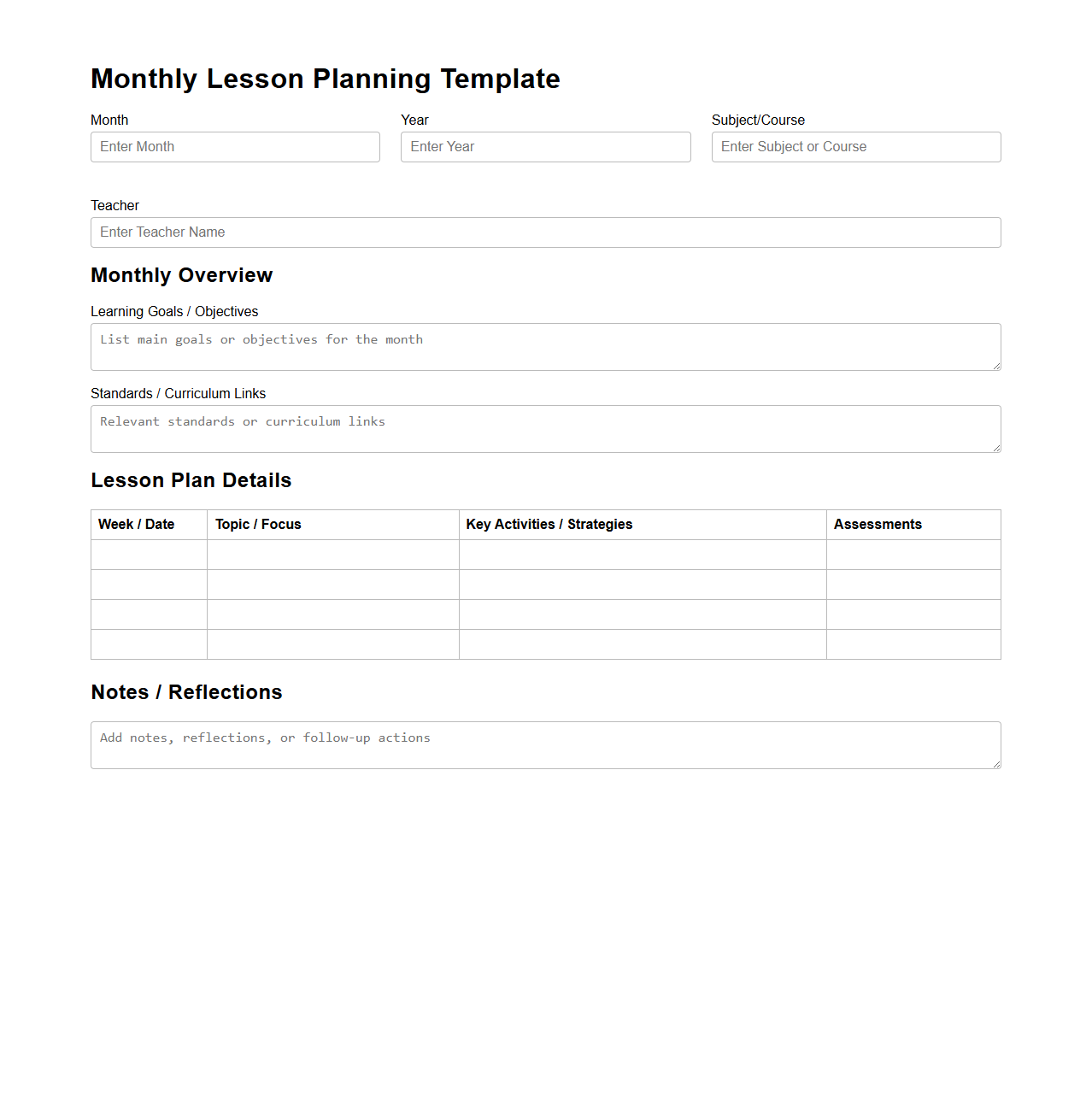 Monthly Lesson Planning Template