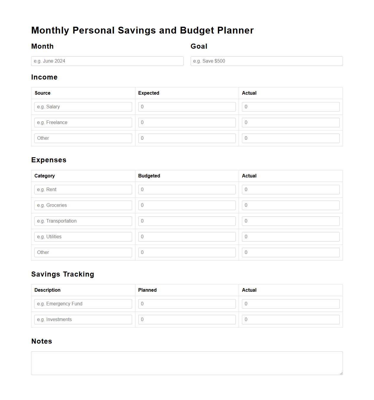 Monthly Personal Savings and Budget Planner