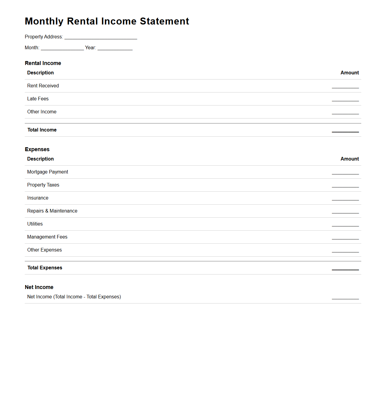 Monthly Rental Income Statement Template