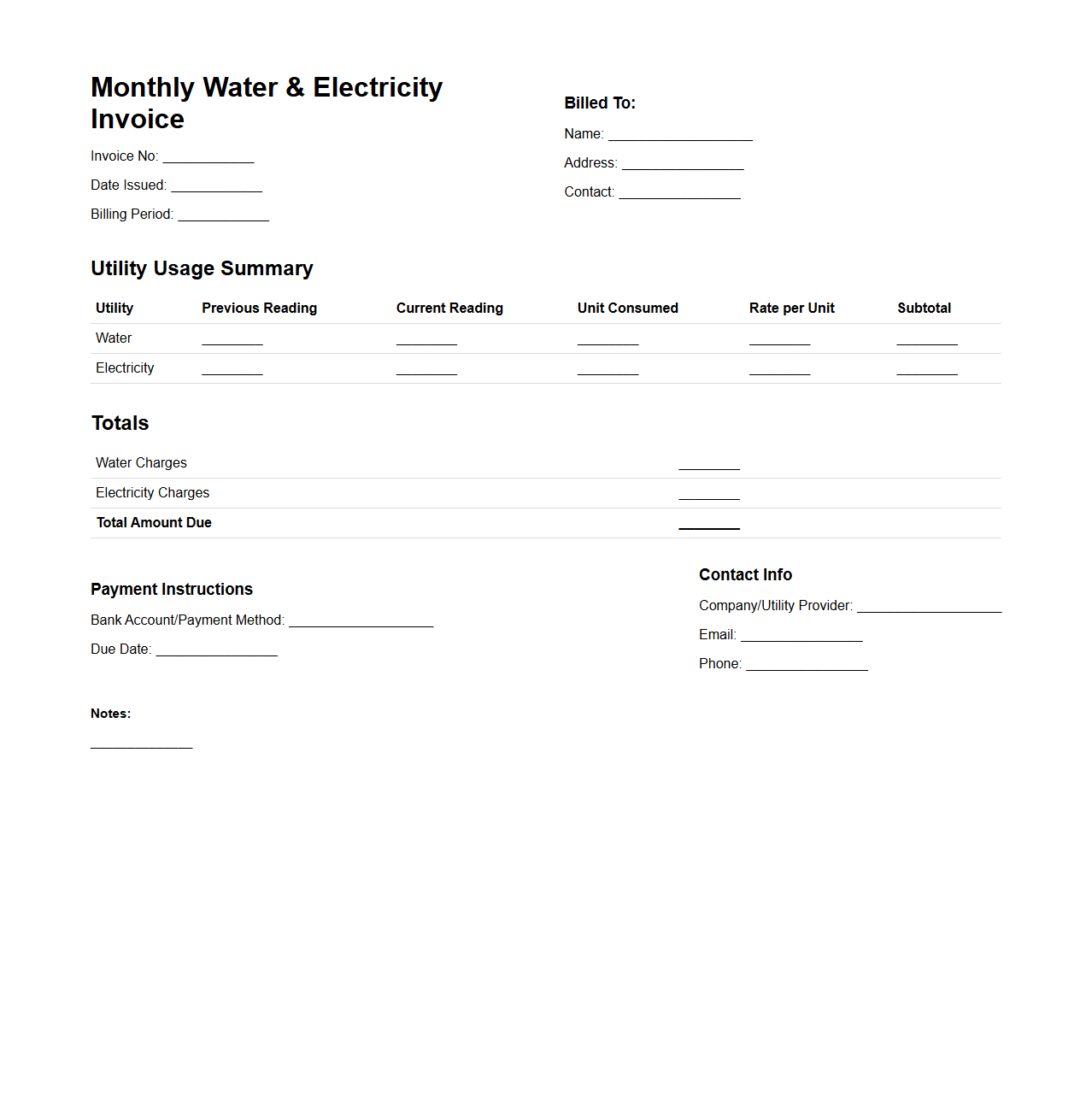 Monthly Water and Electricity Invoice Template