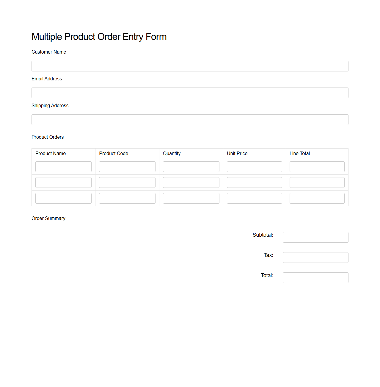 Multiple Product Order Entry Form