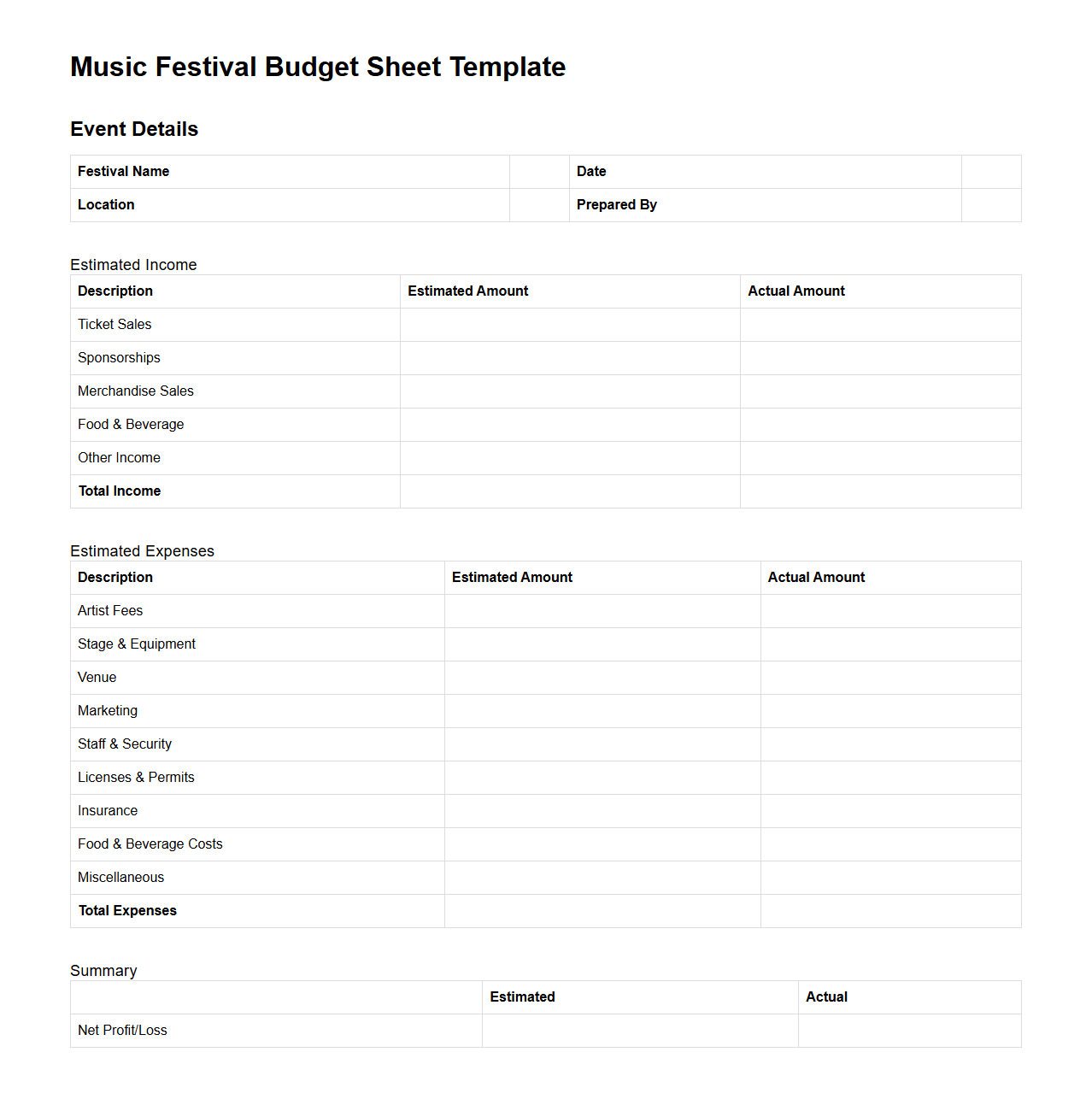 Music Festival Budget Sheet Template