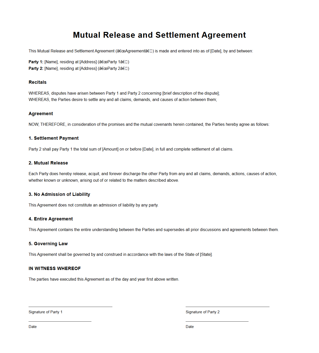 Mutual Release and Settlement Agreement Sample