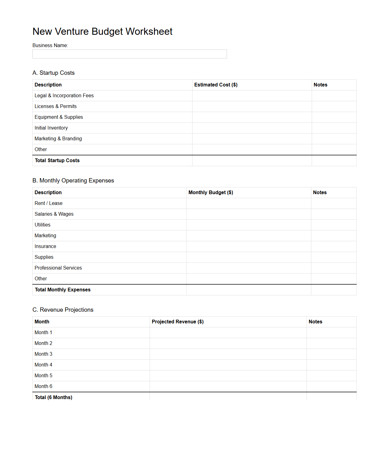 New Venture Budget Worksheet for Entrepreneurs