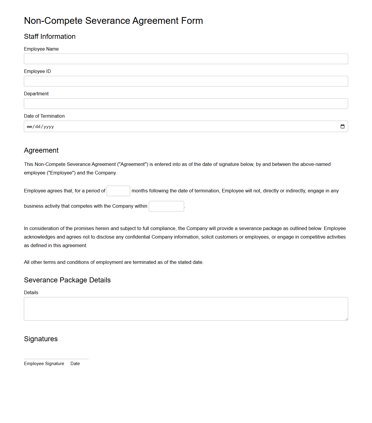 Non-Compete Severance Agreement Form for Terminated Staff