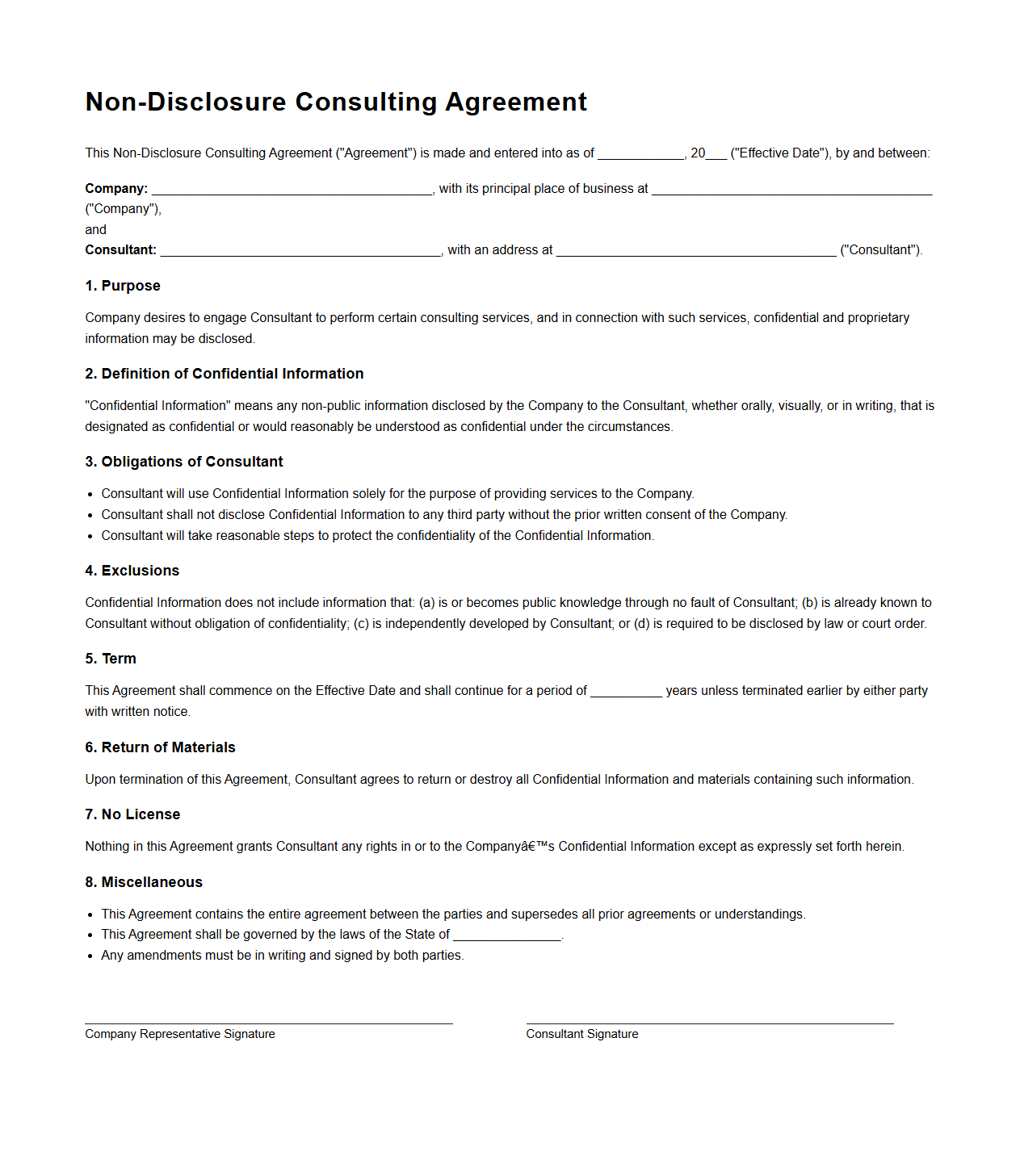 Non-Disclosure Consulting Agreement Template