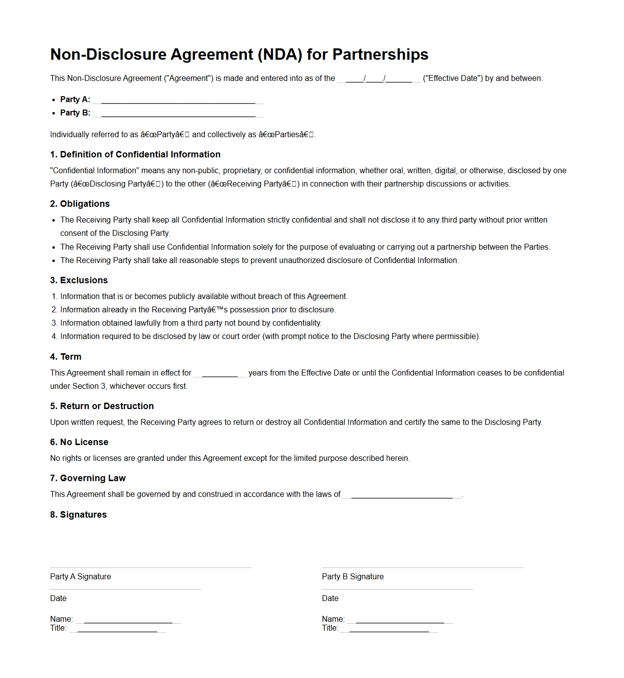 Non-Disclosure Contract for Partnerships