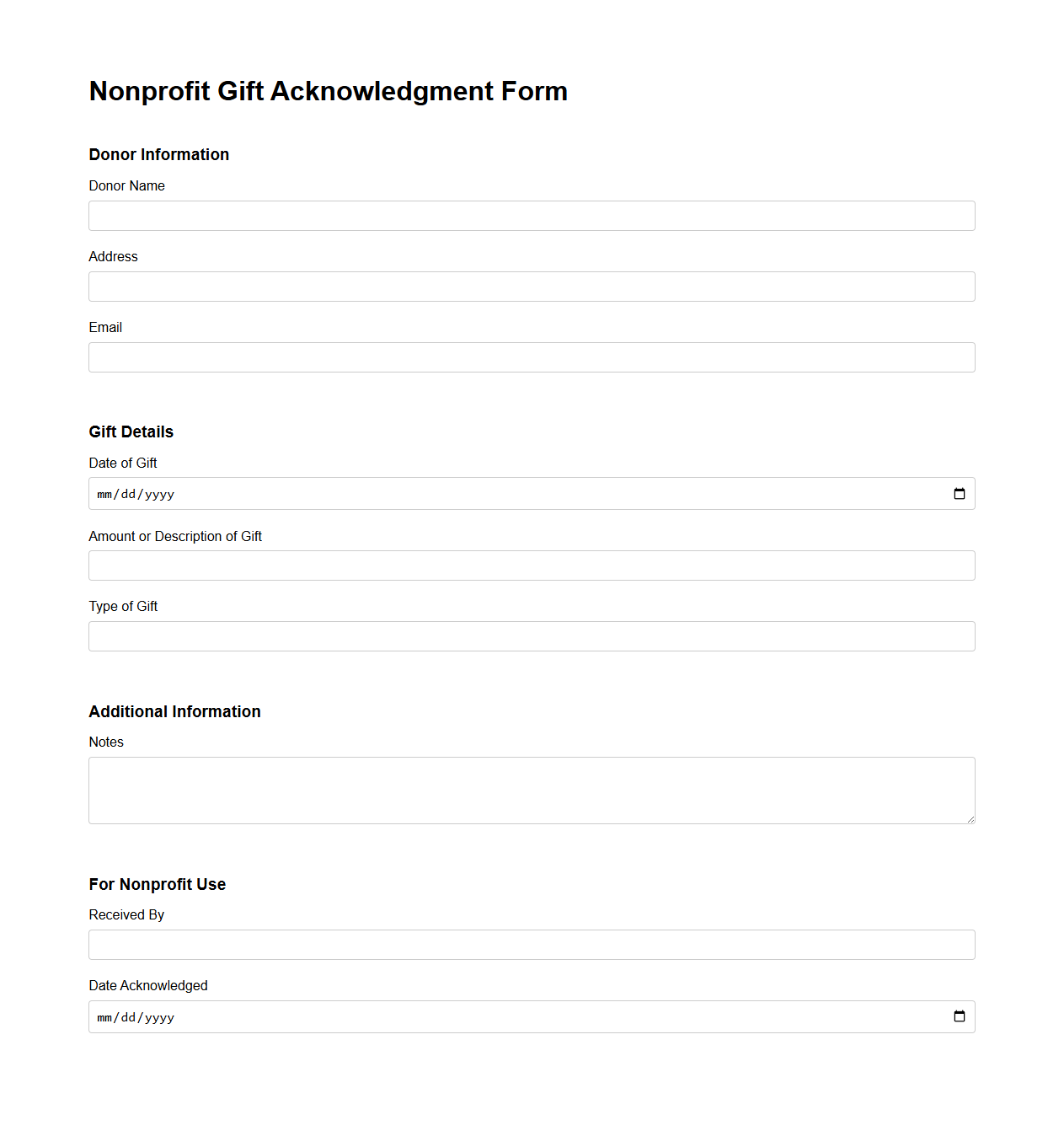 Nonprofit Gift Acknowledgment Form