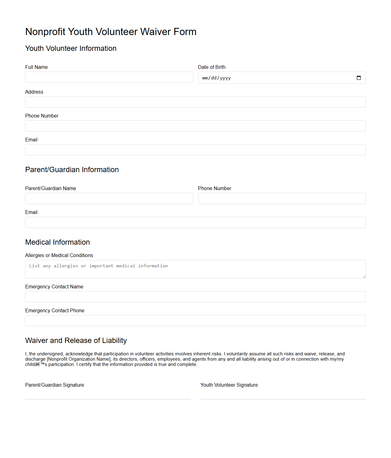 Nonprofit Youth Volunteer Waiver Form Template