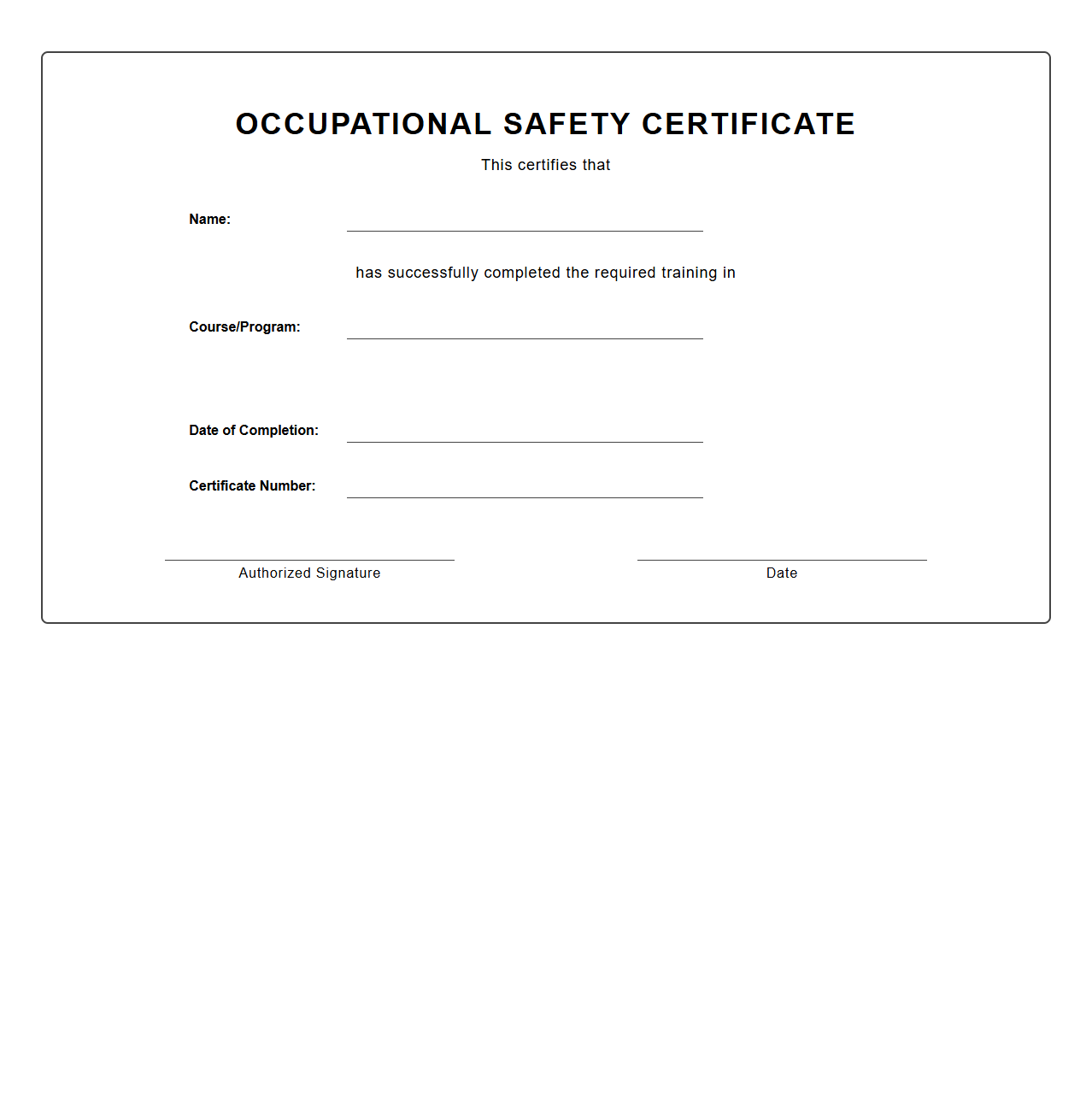 Occupational Safety Blank Certificate Template