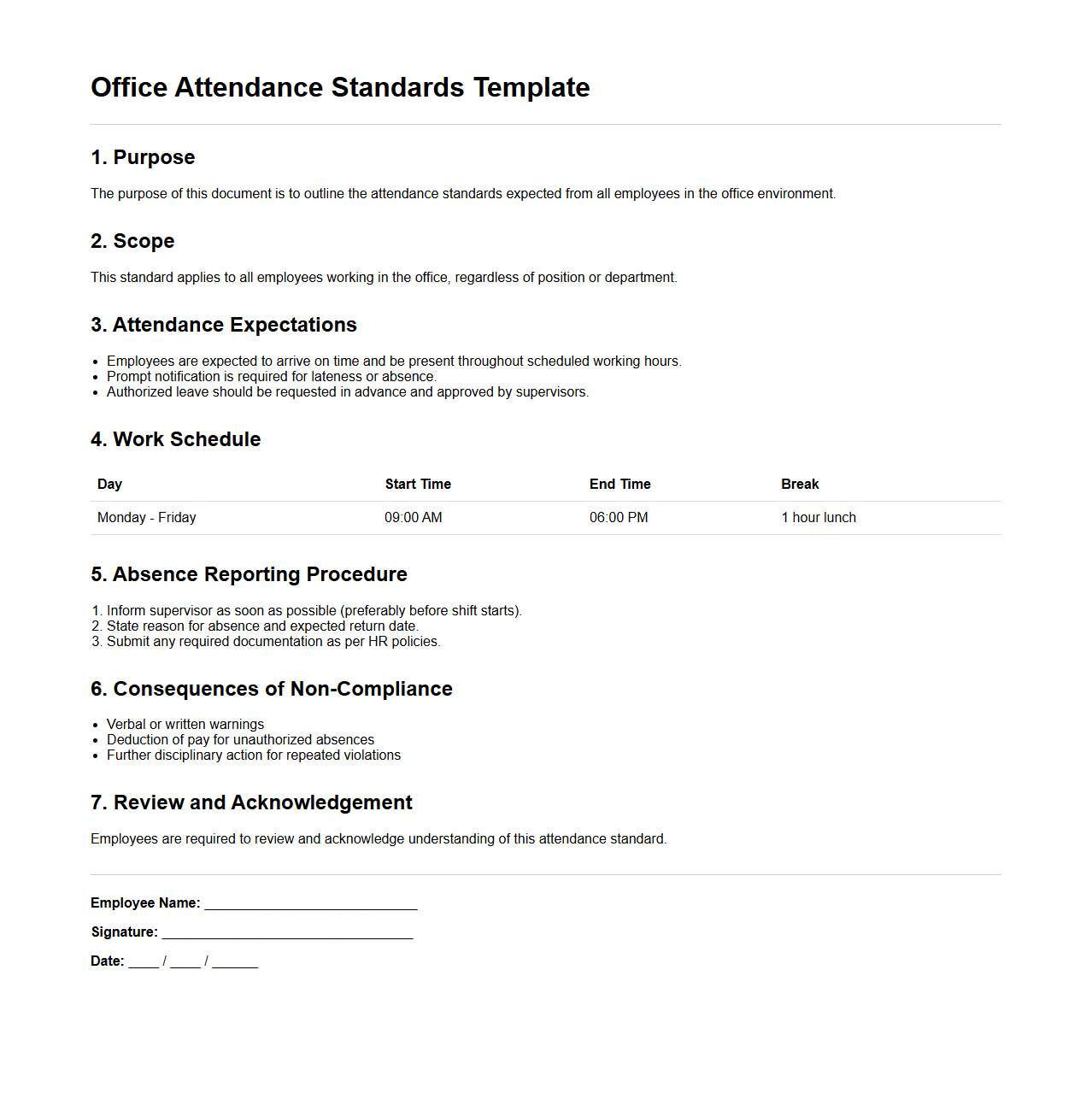 Office Attendance Standards Template
