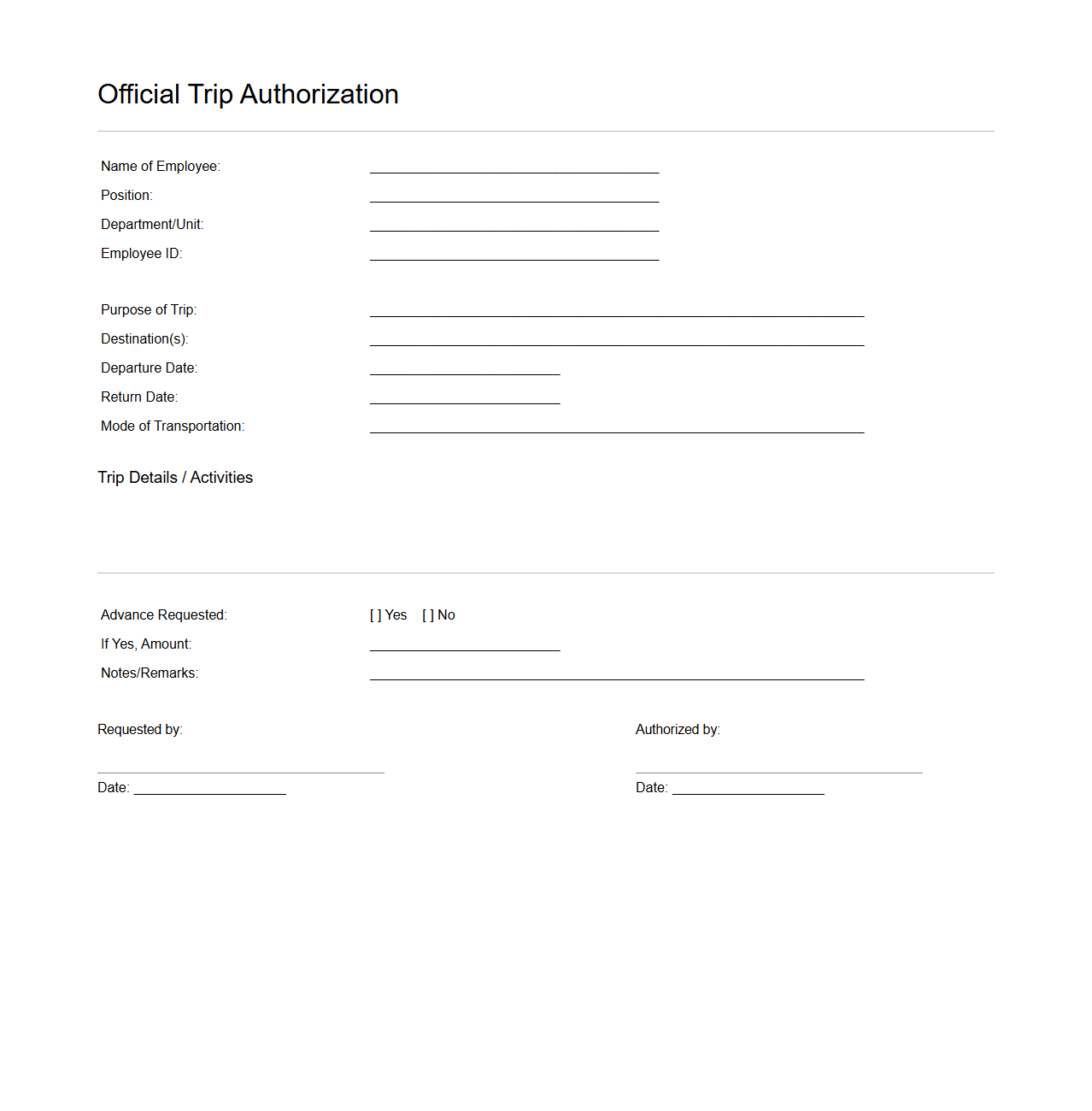 Official Trip Authorization Template