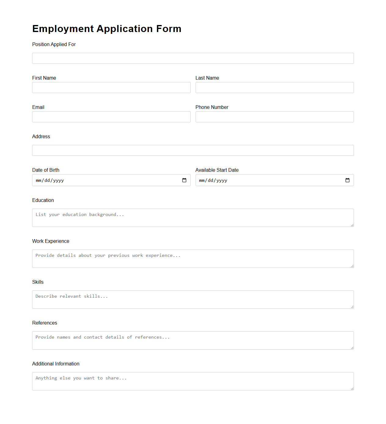 One-Page Application Form for Employment