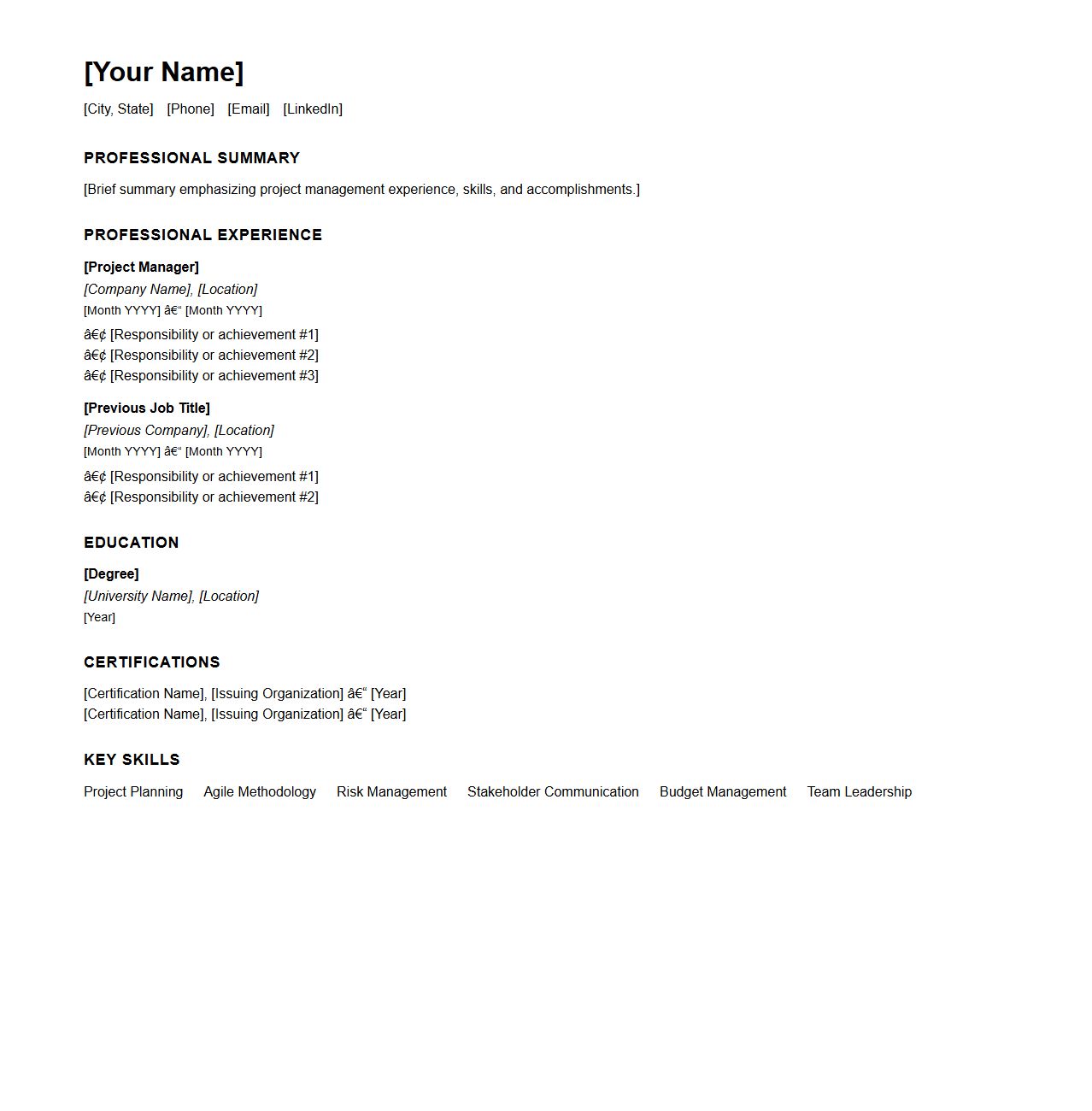 One-Page Project Manager Resume Structure