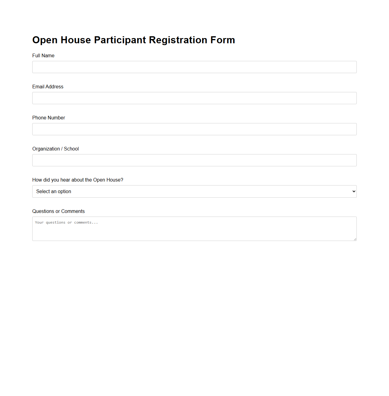 Open House Participant Registration Form