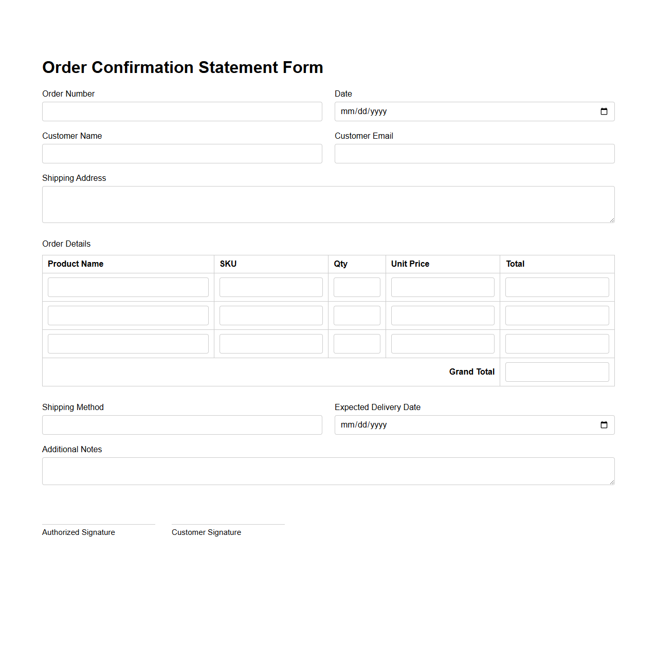 Order Confirmation Statement Form