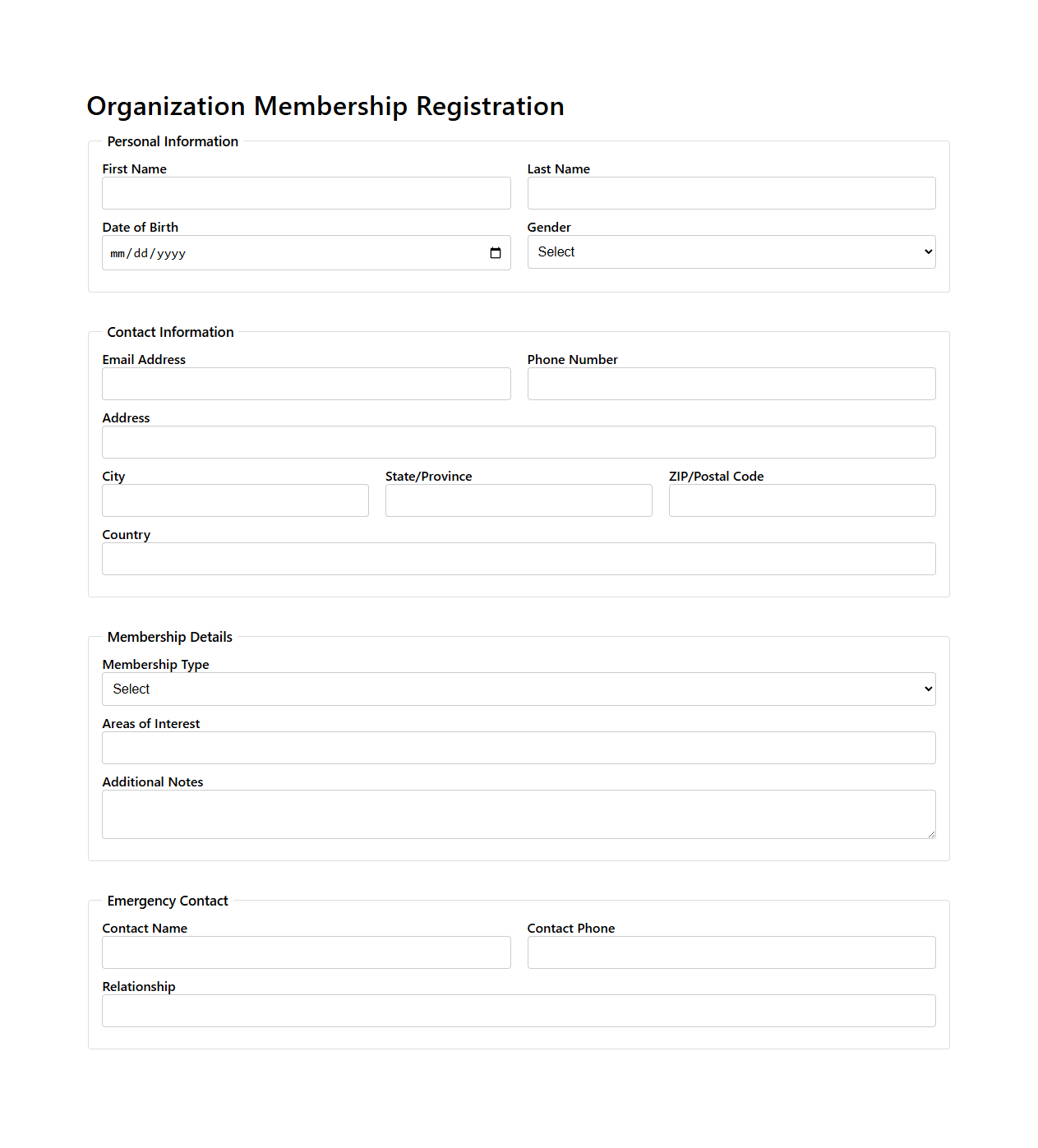 Organization Membership Registration Blank Template