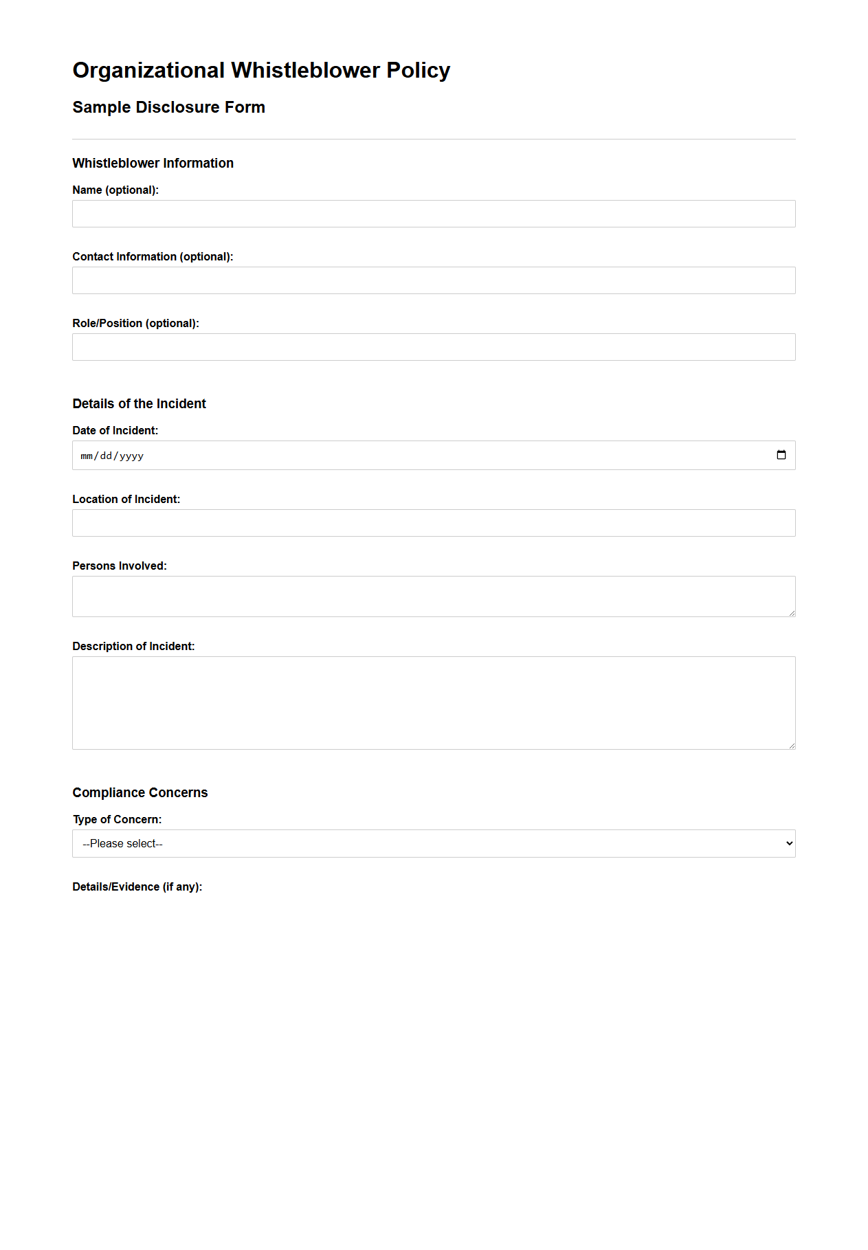 Organizational Whistleblower Policy Sample Form