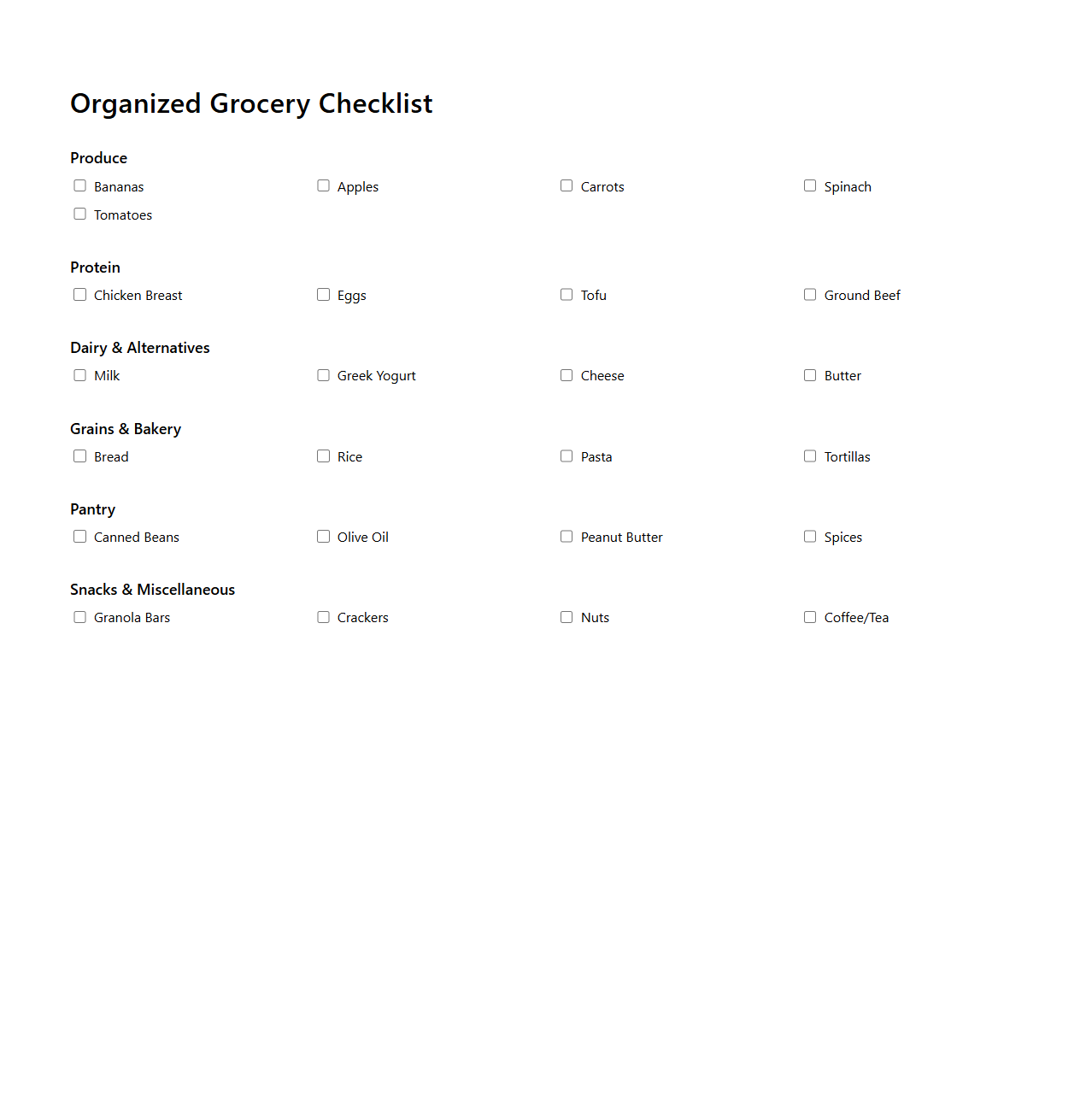 Organized Grocery Checklist for Weekly Shopping