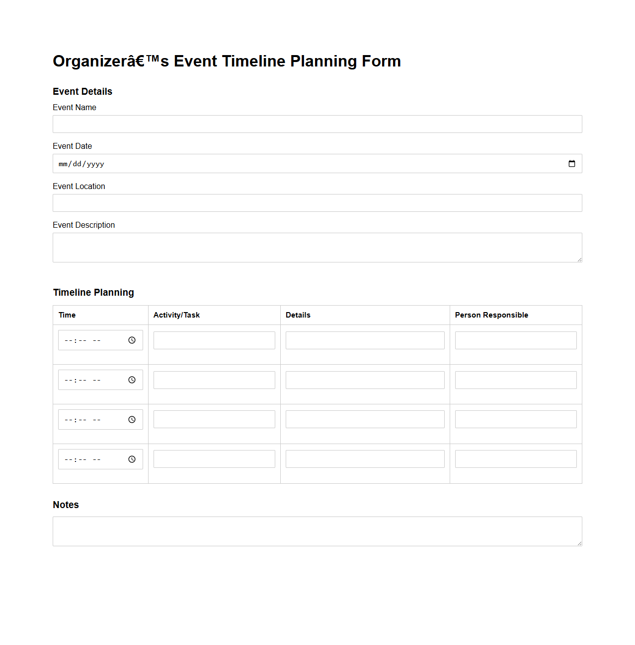 Organizer’s Event Timeline Planning Form