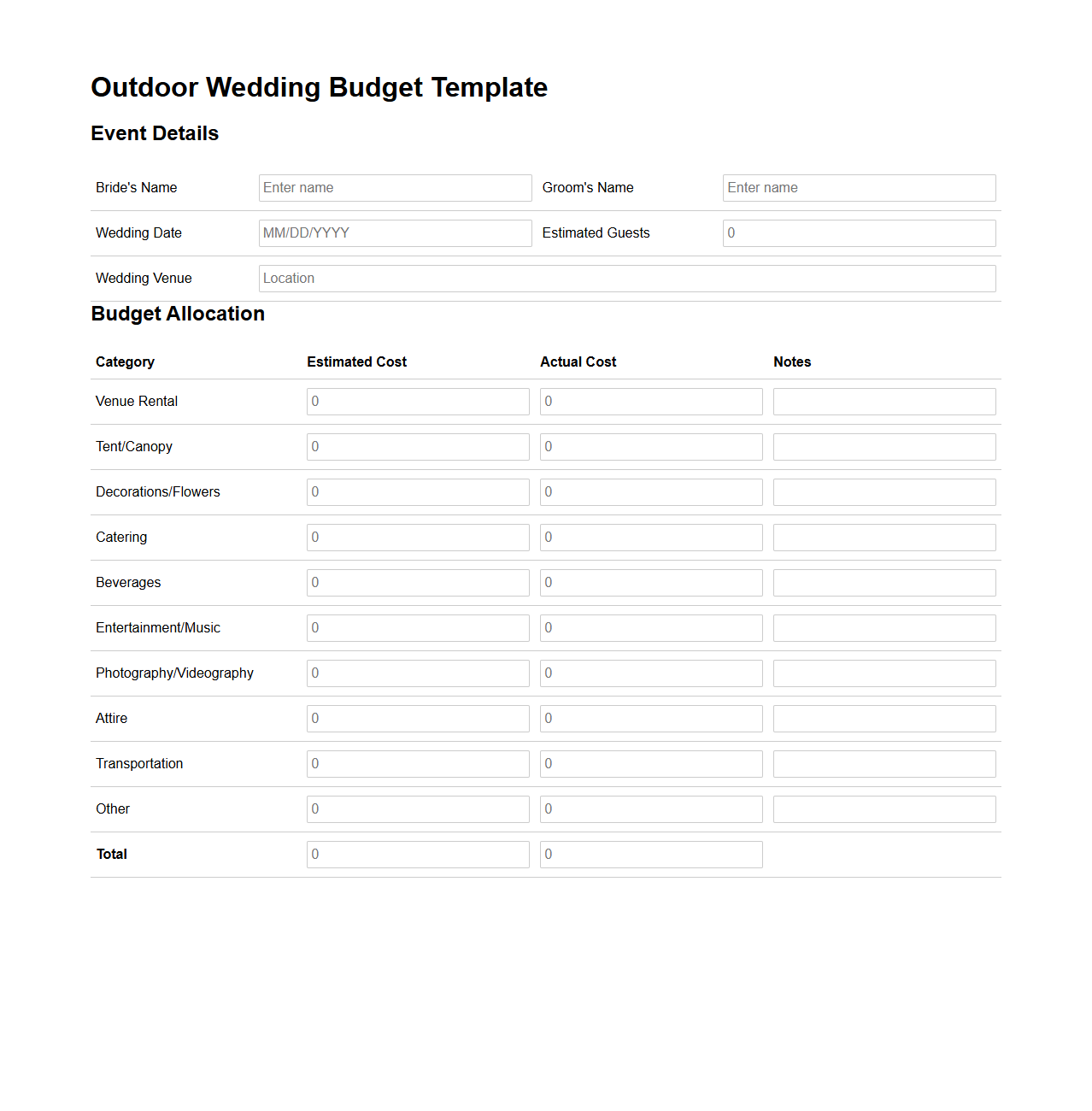 Outdoor Wedding Budget Template