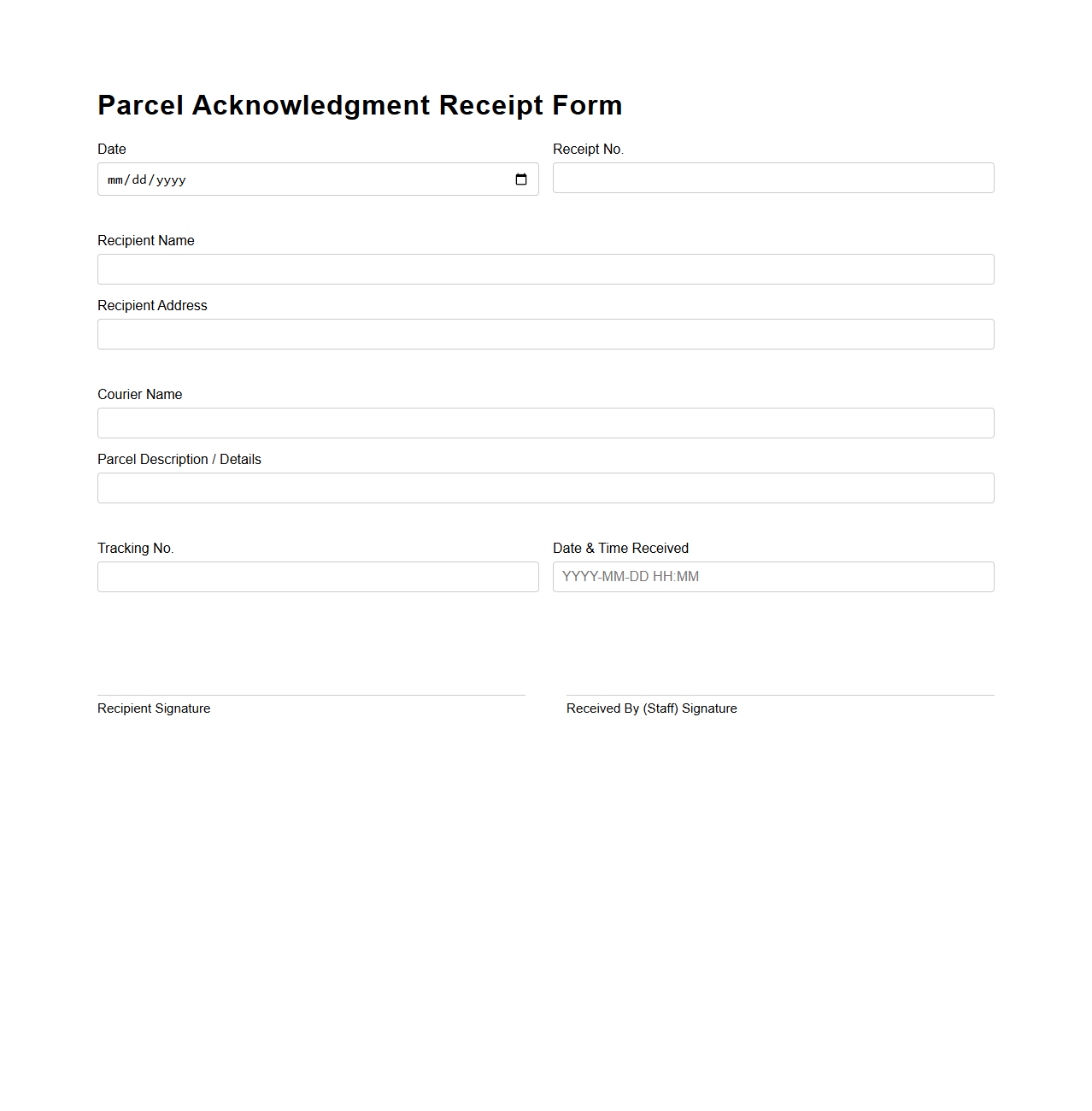 Parcel Acknowledgment Receipt Form