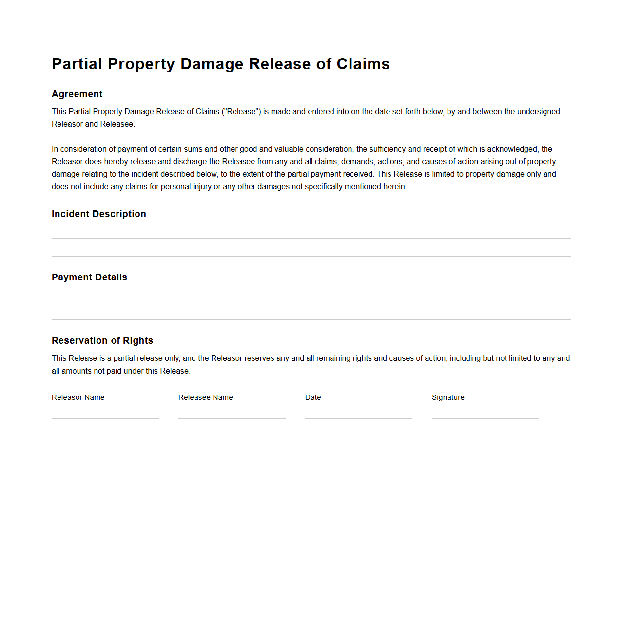 Partial Property Damage Release of Claims