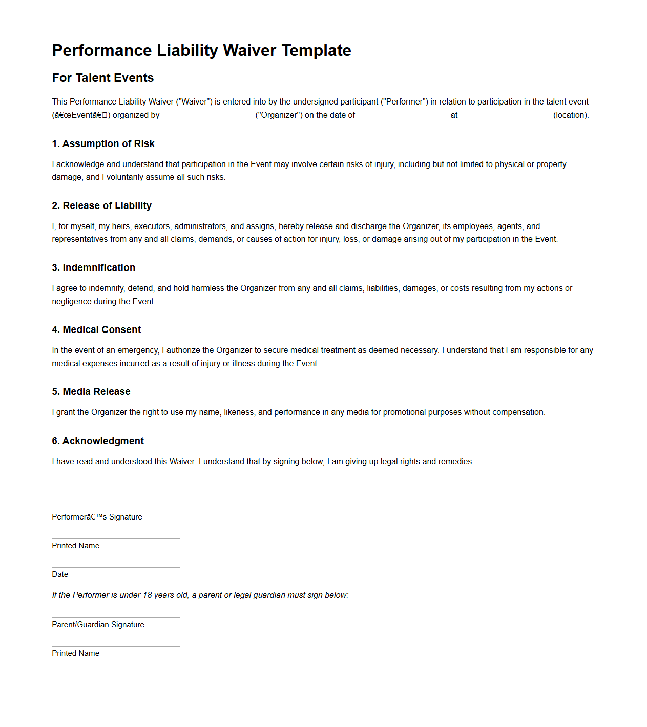 Performance Liability Waiver Template for Talent Events