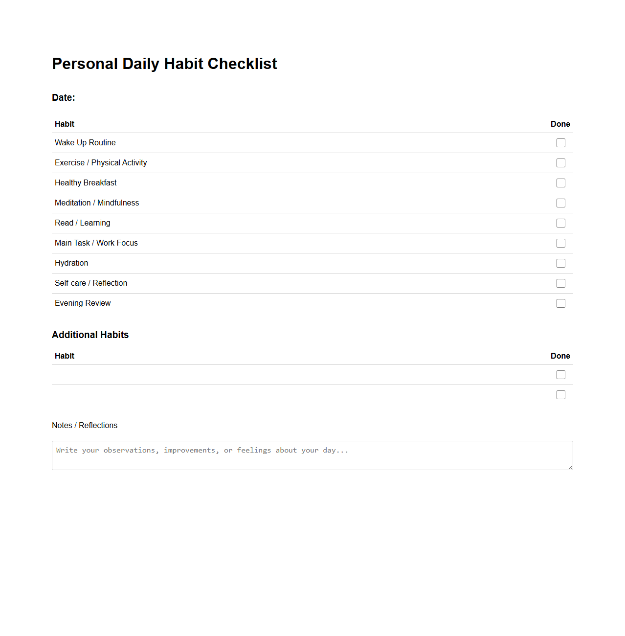 Personal Daily Habit Checklist Blueprint