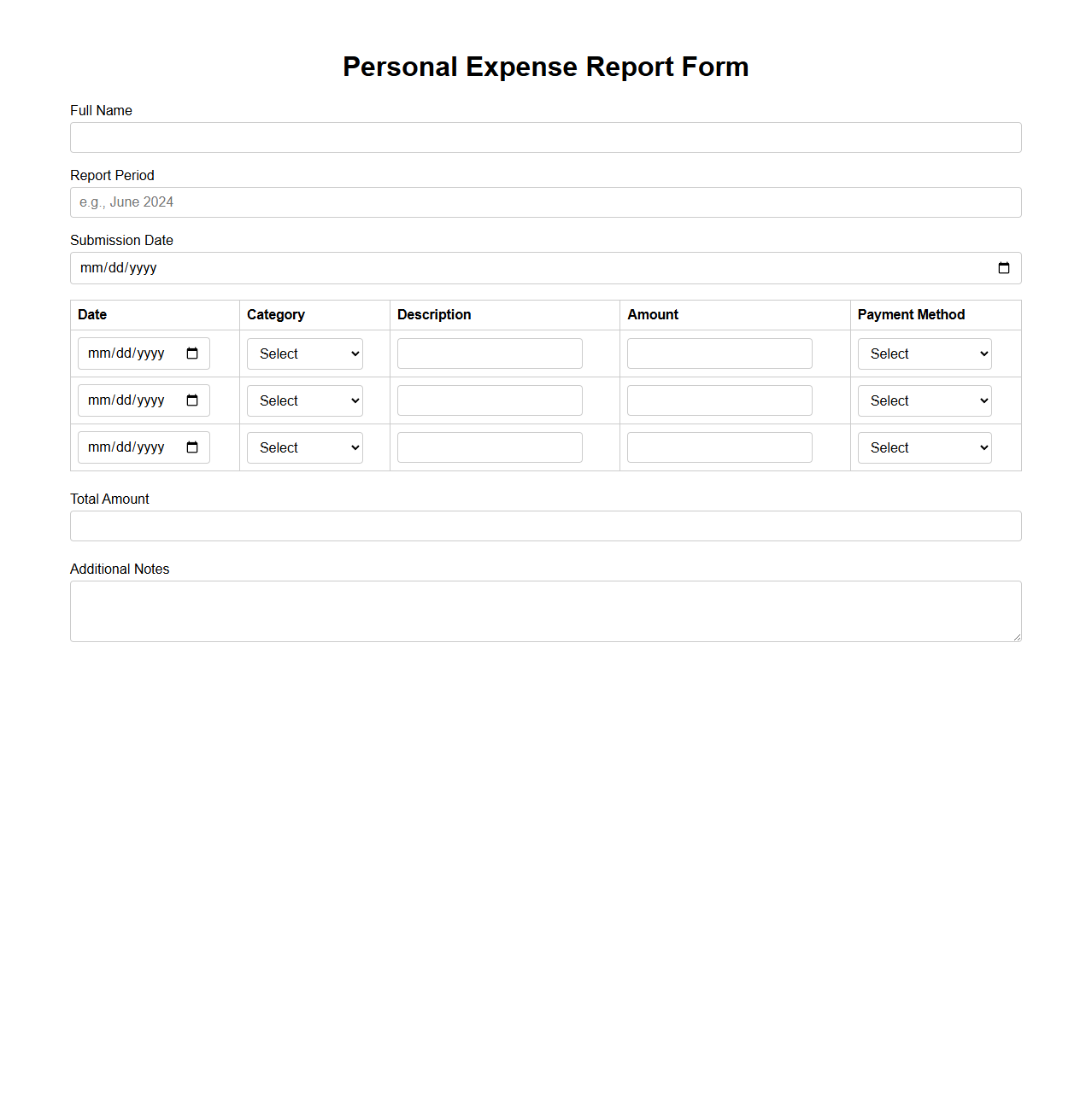 Personal Expense Report Form Template