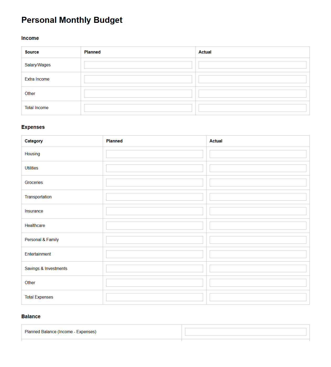 Personal Monthly Budget Spreadsheet