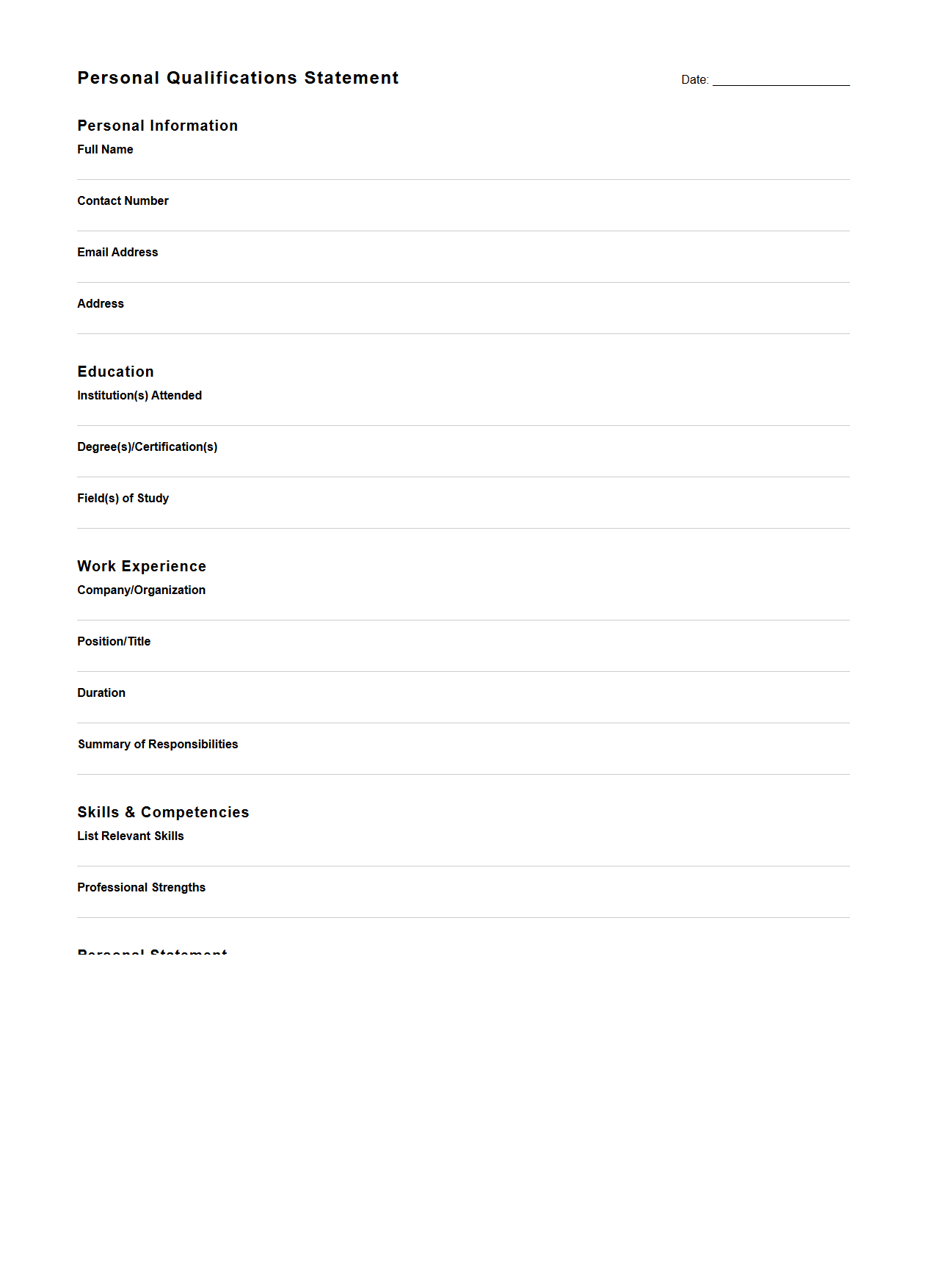 Personal Qualifications Statement Layout