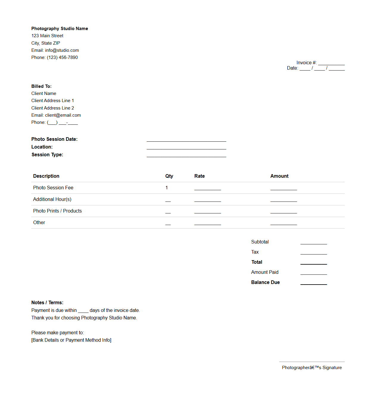 Photo Session Invoice Template
