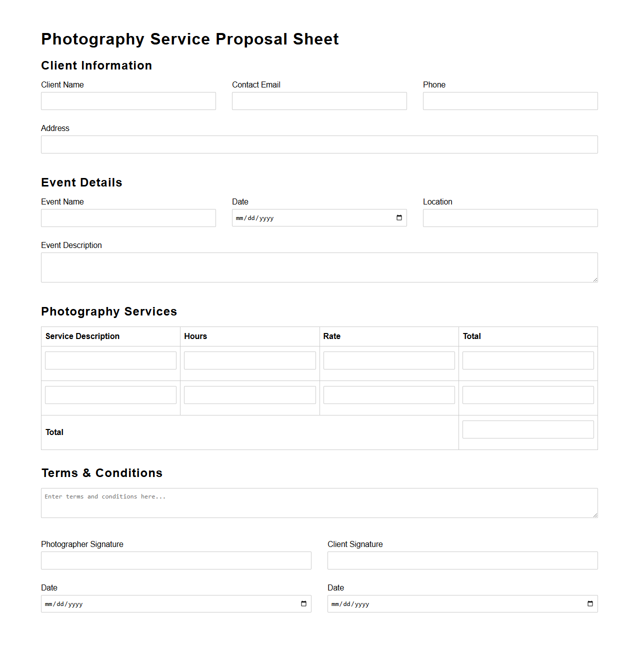 Photography Service Proposal Sheet