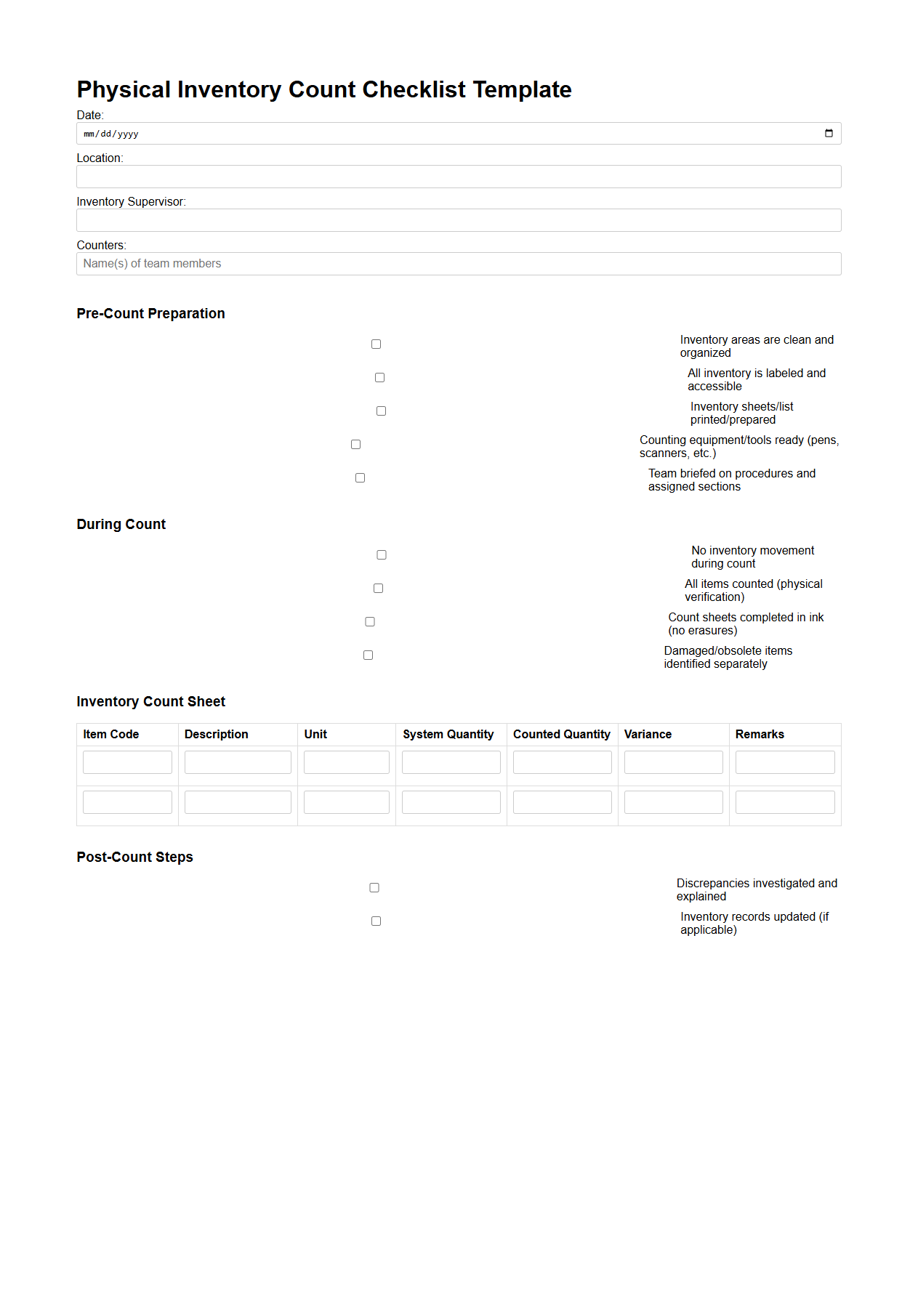 Physical Inventory Count Checklist Template for Accurate Reporting