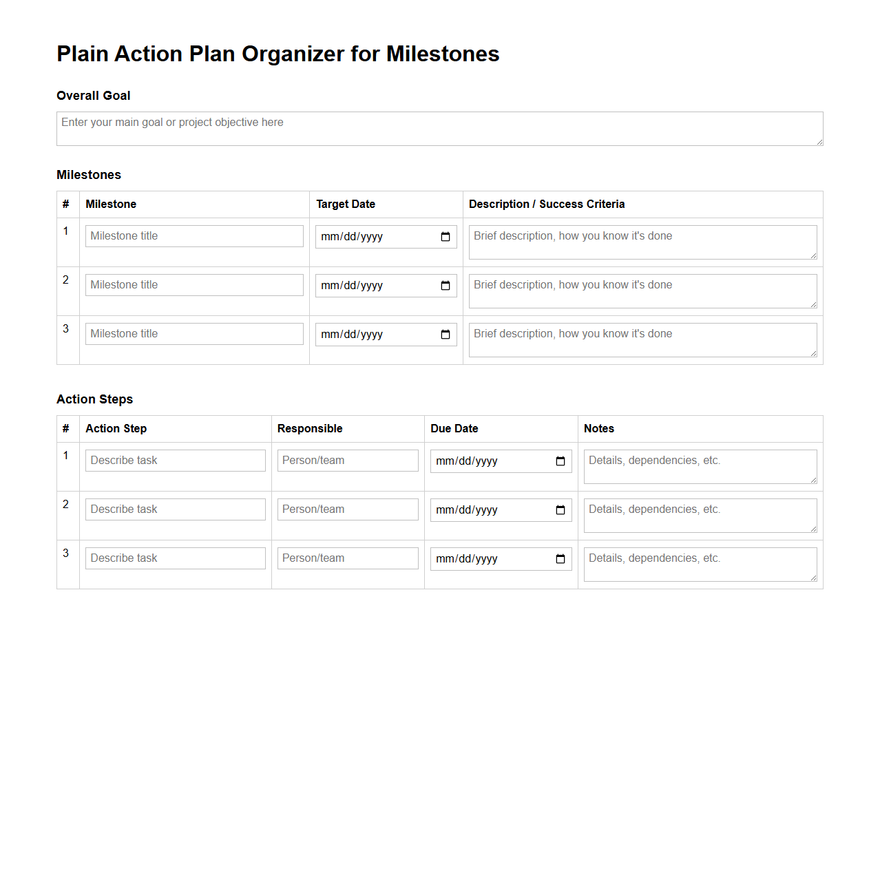 Plain Action Plan Organizer for Milestones