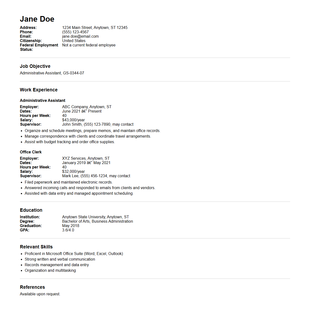 Plain Federal Resume Example for Federal Employment