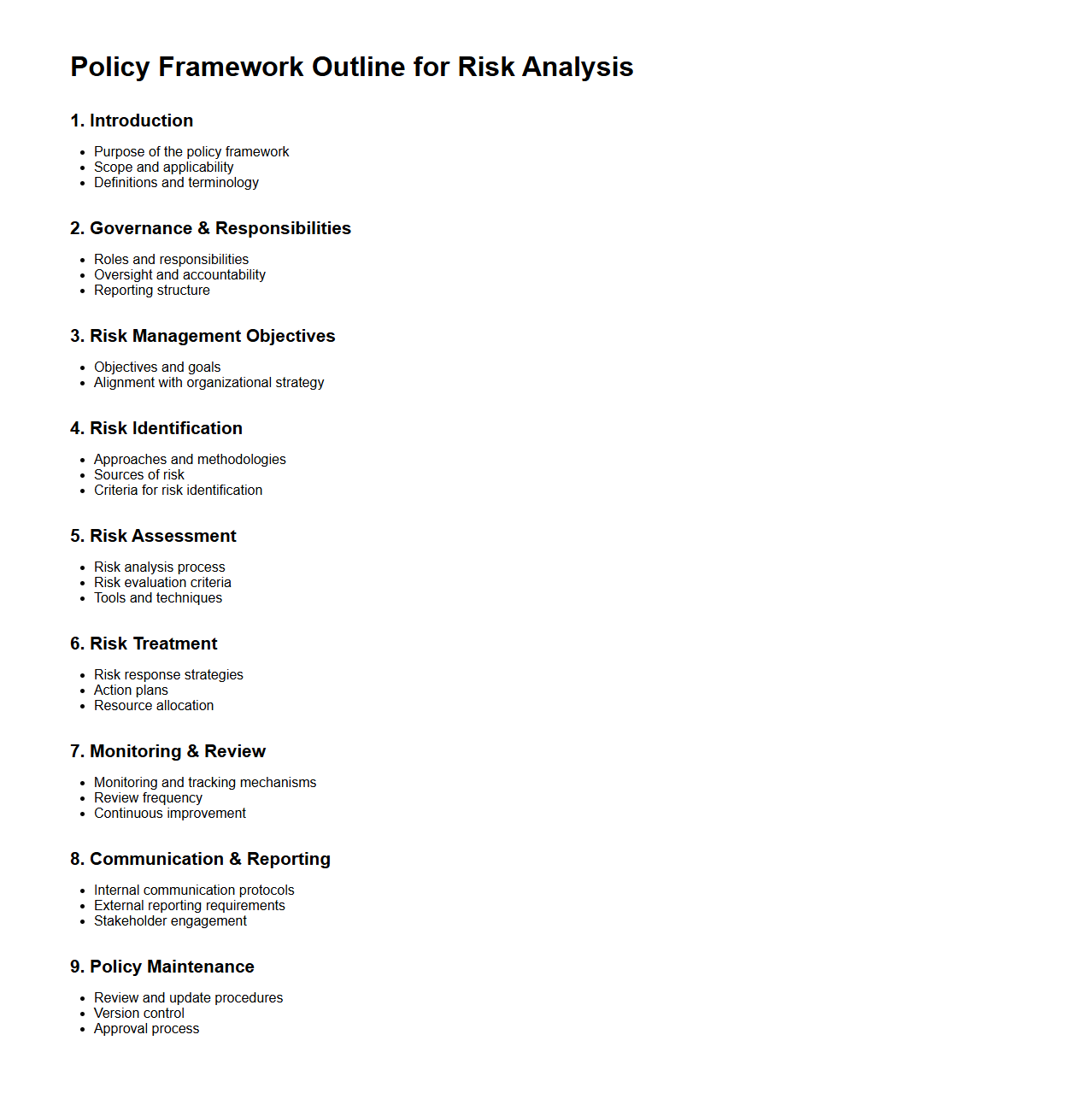 Policy Framework Outline for Risk Analysis