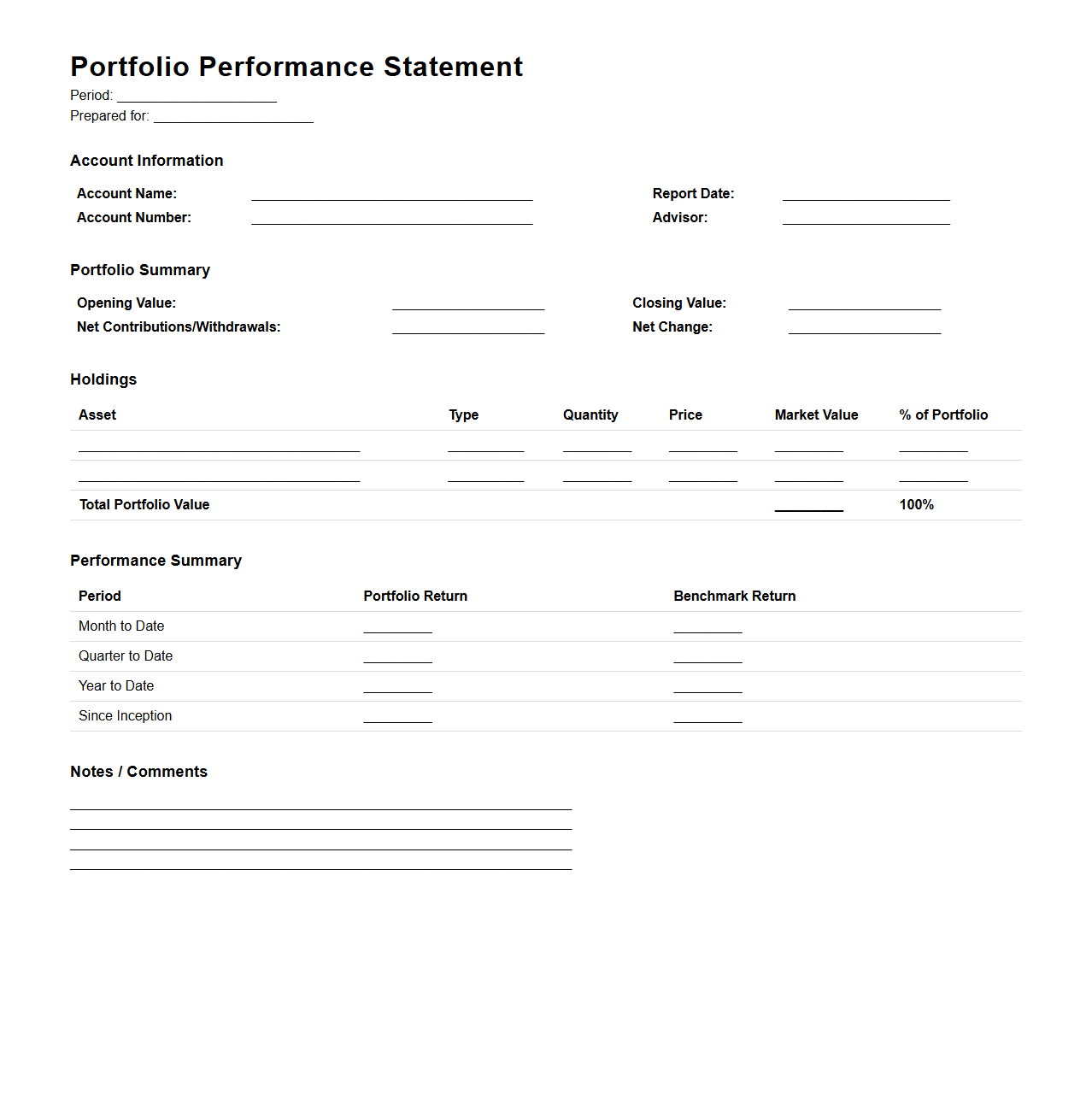 Portfolio Performance Statement Template