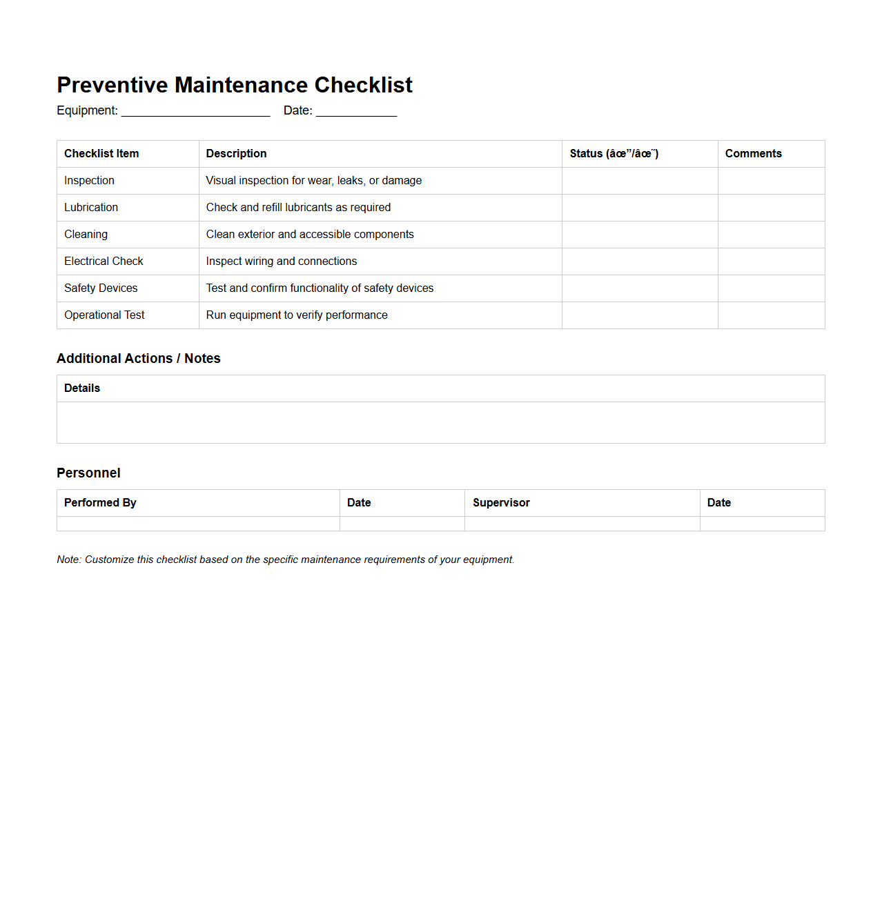 Preventive Maintenance Checklist Template for Equipment