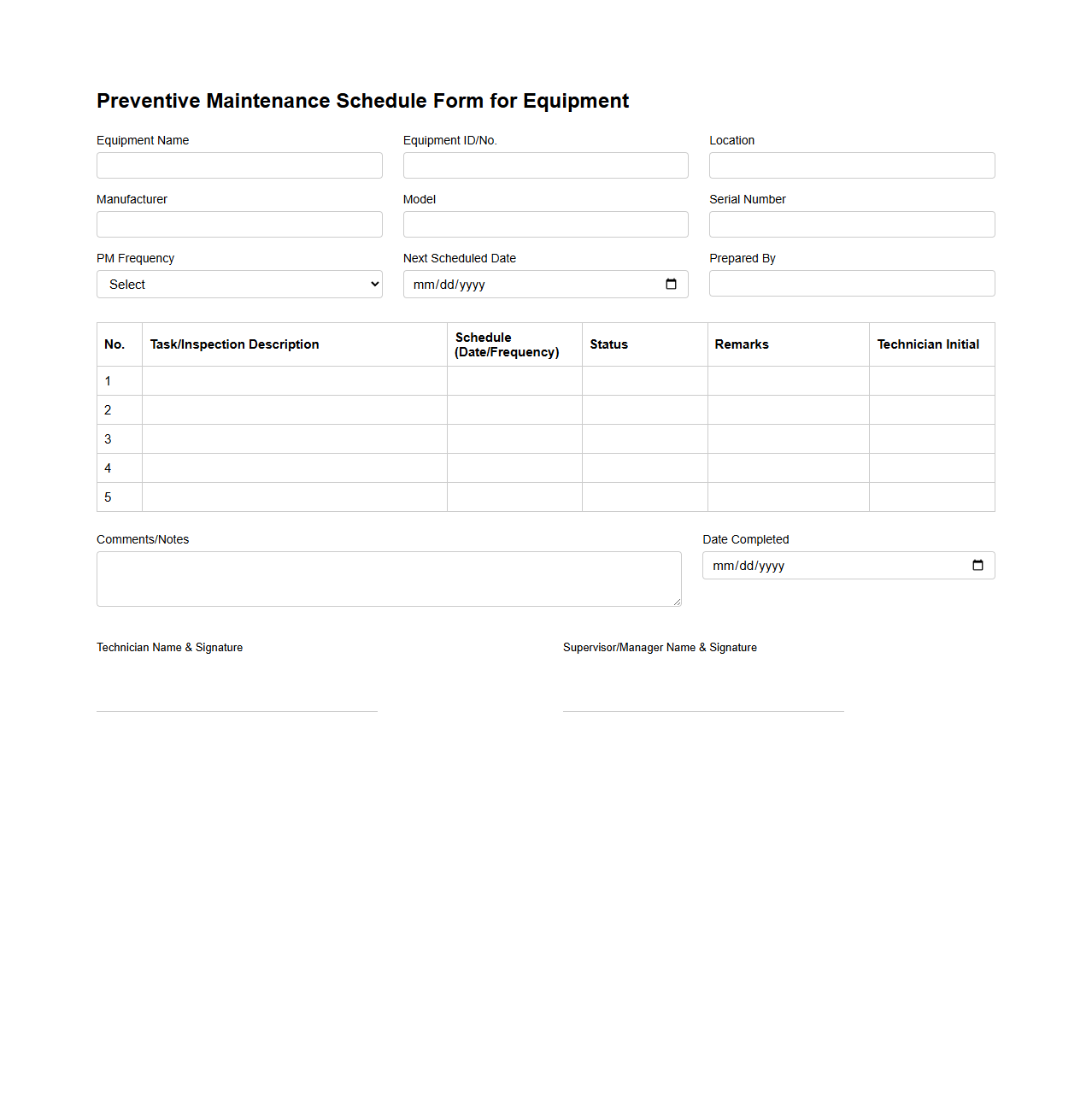 Preventive Maintenance Schedule Form for Equipment