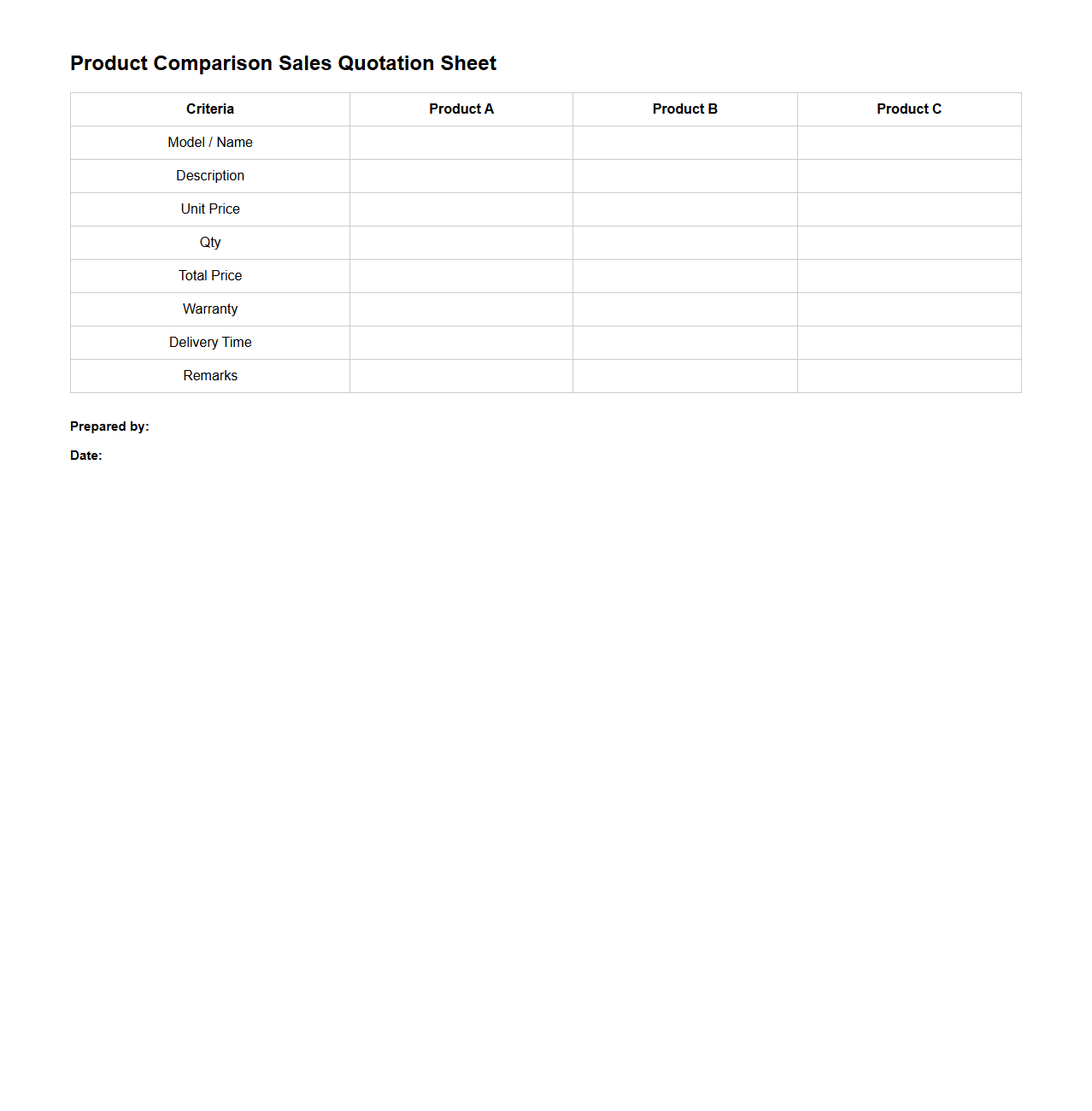 Product Comparison Sales Quotation Sheet