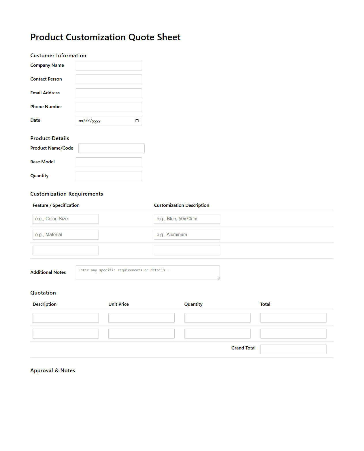 Product Customization Quote Sheet Template