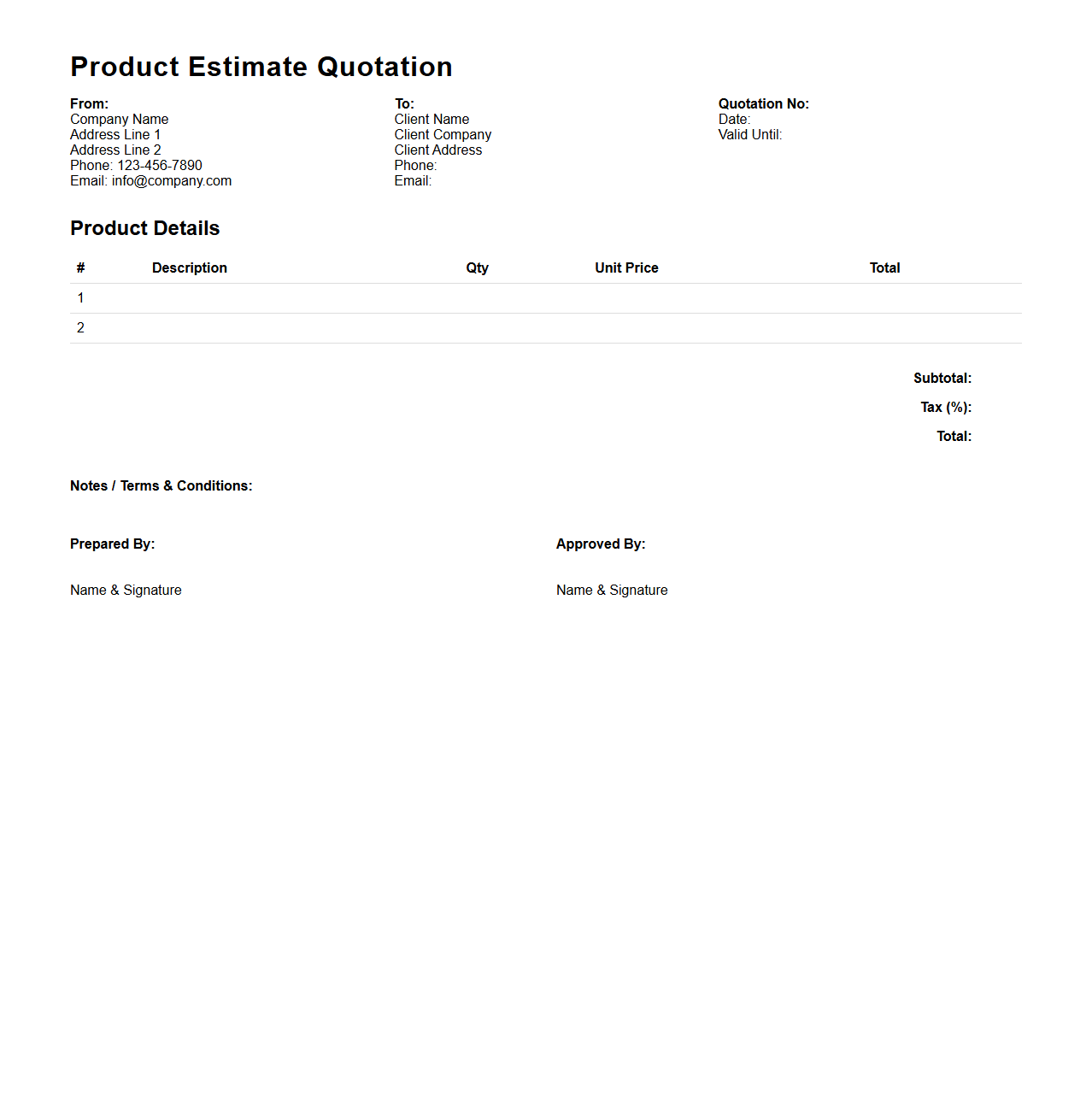Product Estimate Quotation Template