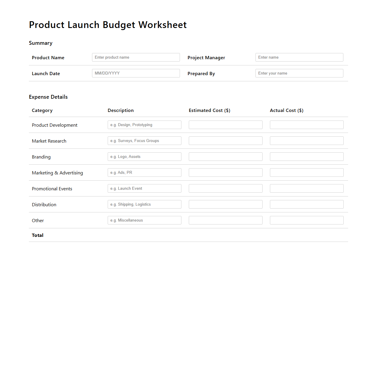 Product Launch Budget Worksheet