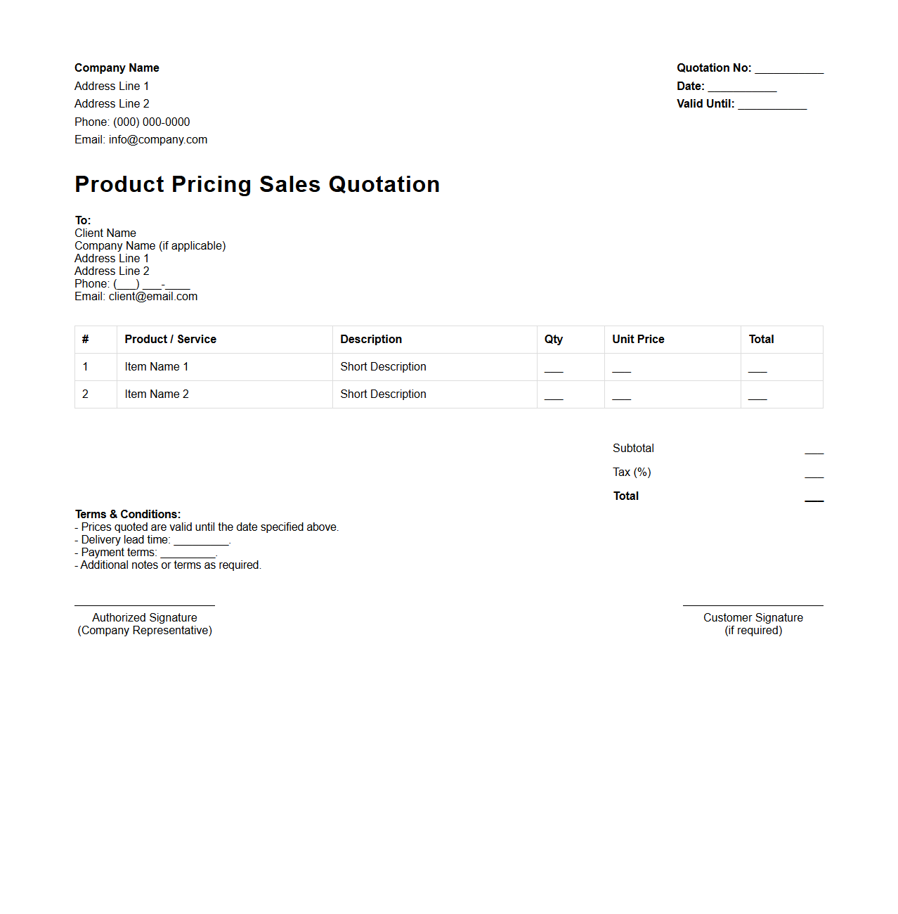 Product Pricing Sales Quotation Format