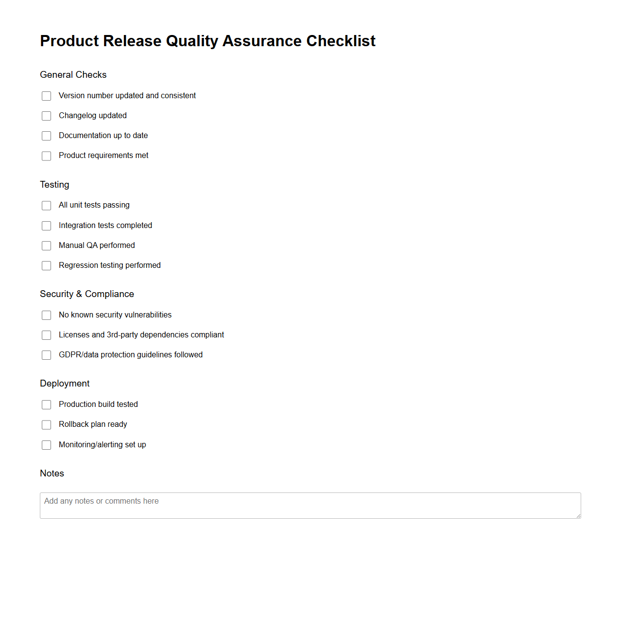 Product Release Quality Assurance Checklist
