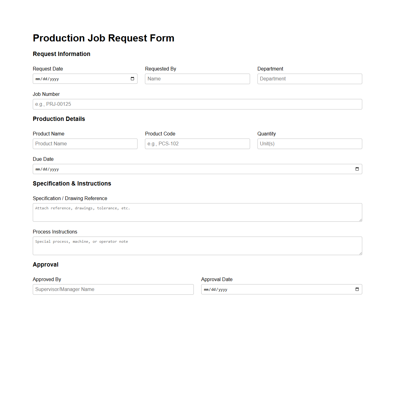 Production Job Request Form for Factory Use