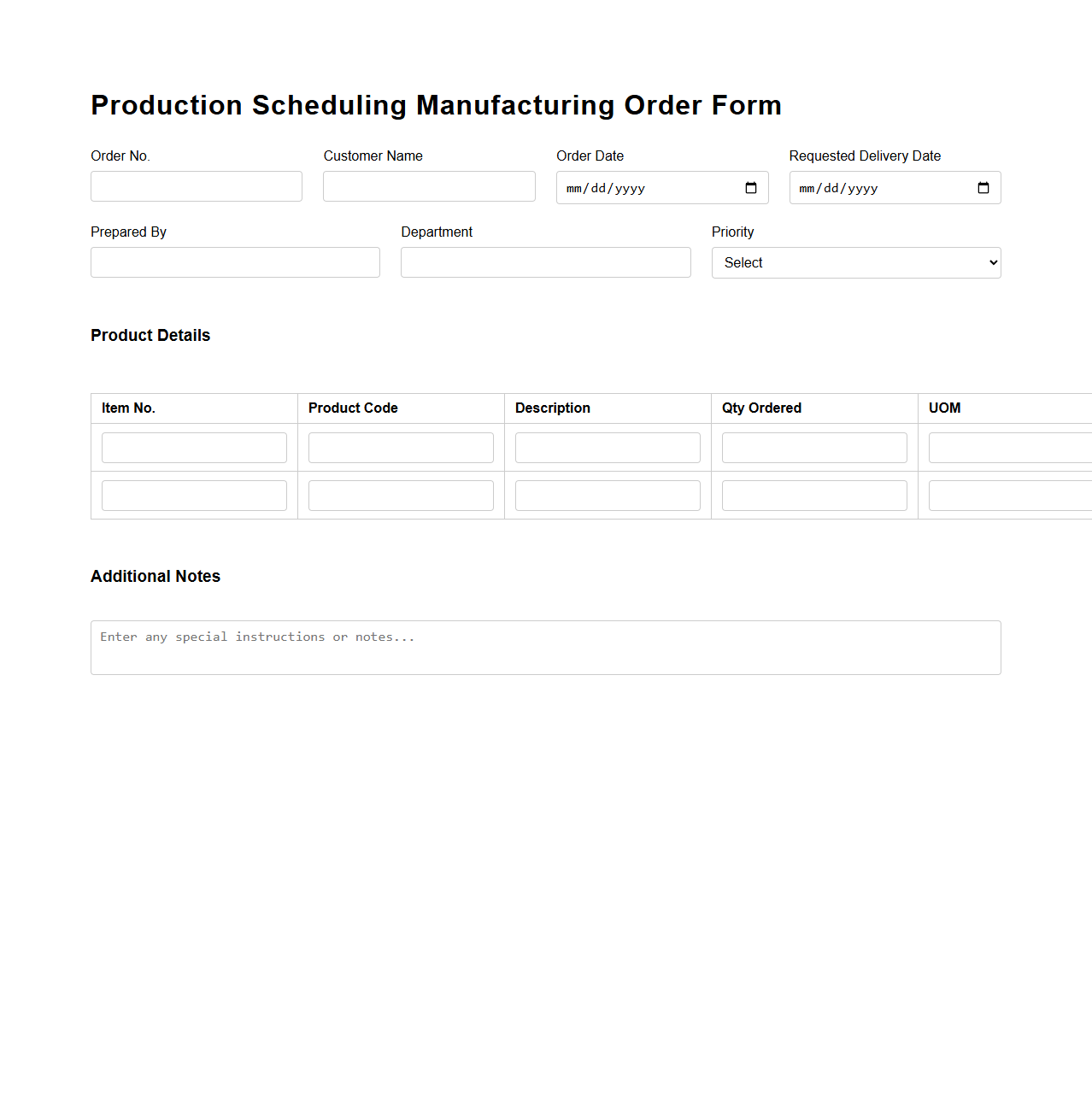 Production Scheduling Manufacturing Order Form